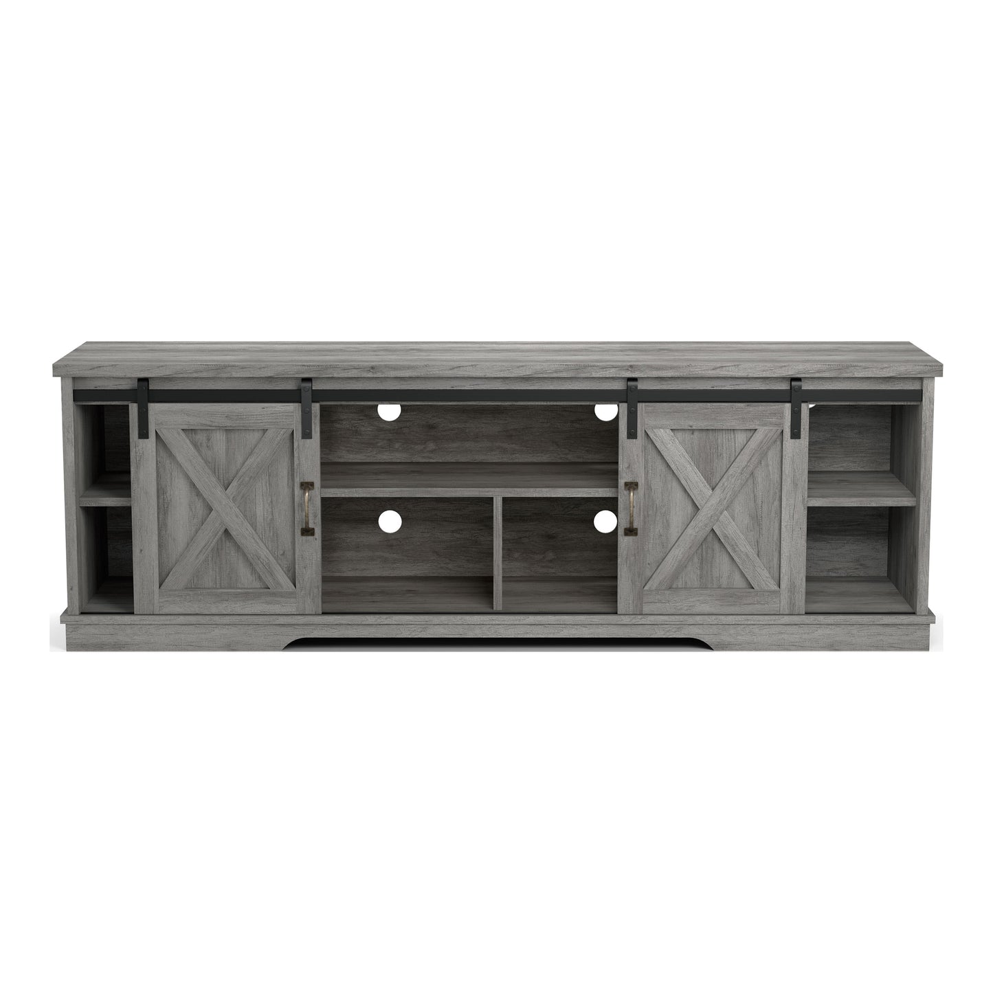 Front-facing rustic vintage gray oak three-shelf two-cabinet TV stand with sliding doors on a white background