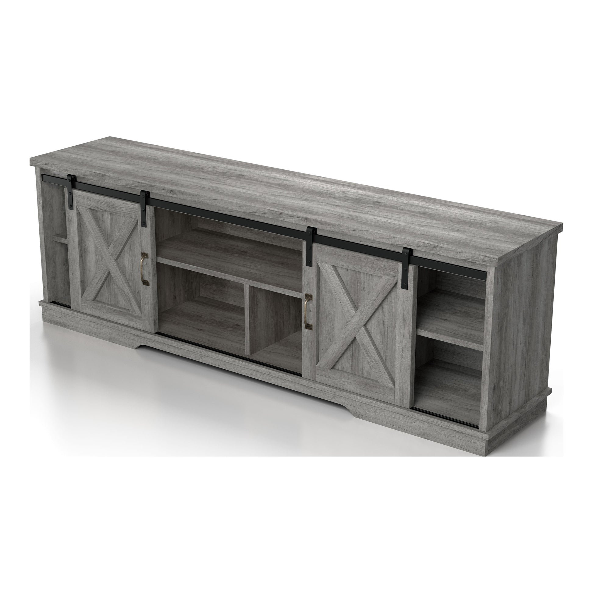 Left angled upper view of a rustic vintage gray oak three-shelf two-cabinet TV stand on a white background