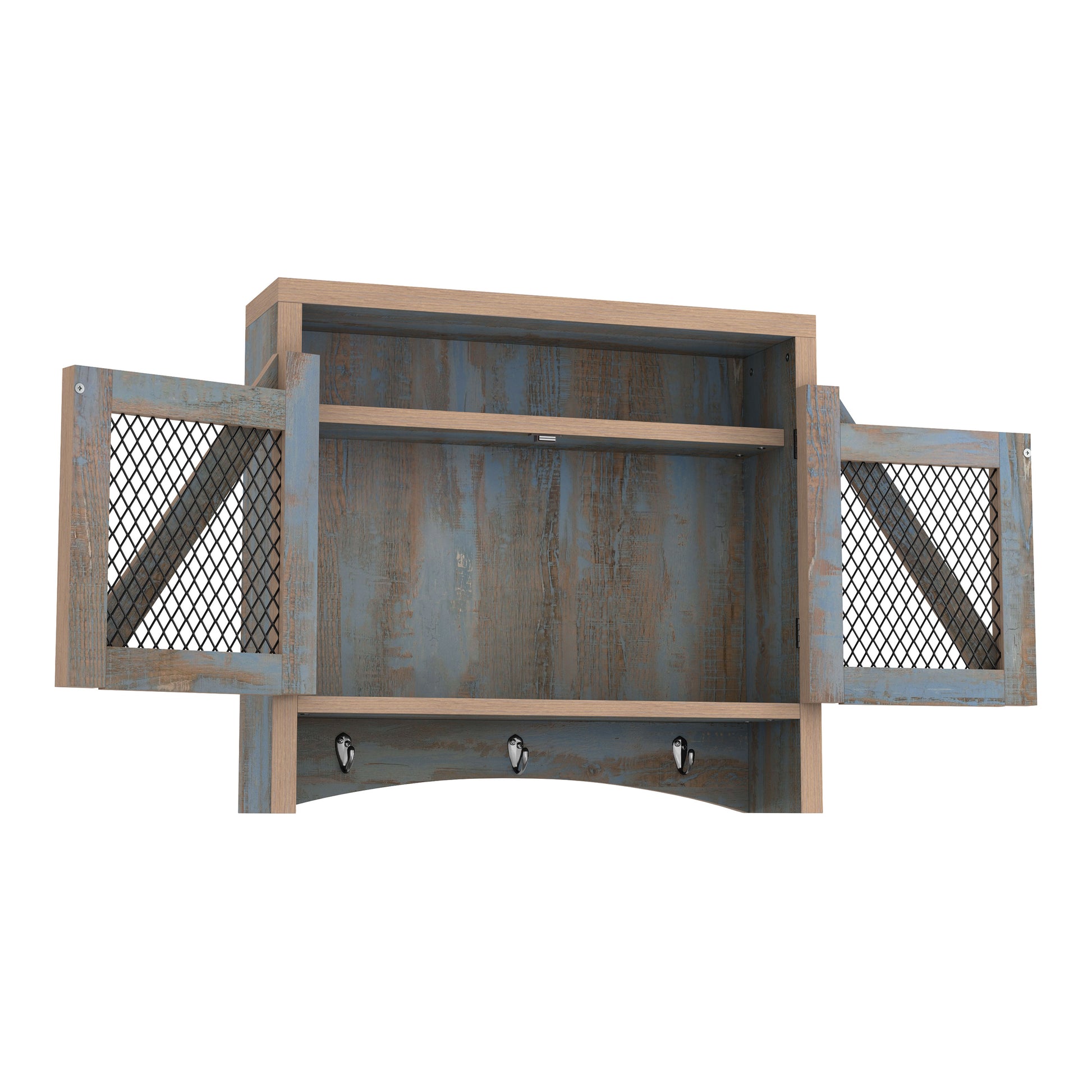 Right angled farmhouse distressed blue wood two-door wall organizer with hooks and doors open on a white background