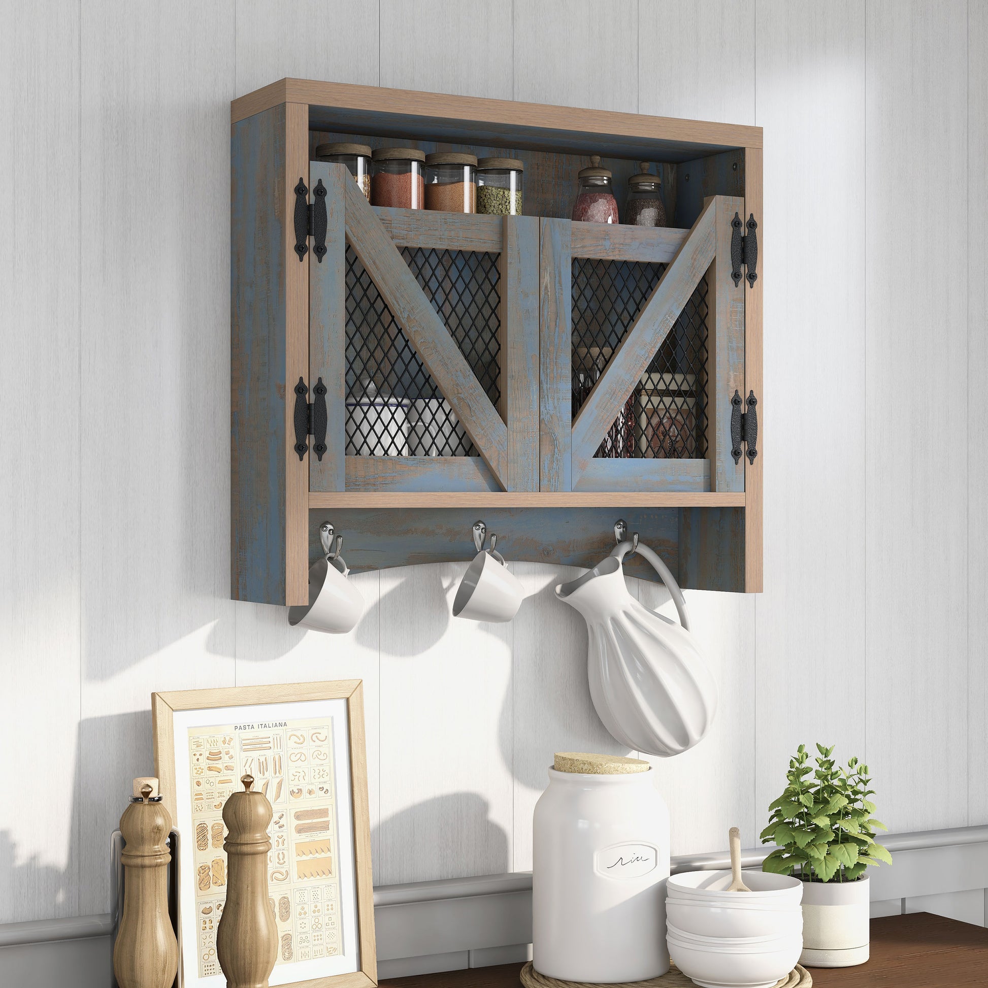 Right angled farmhouse distressed blue wood two-door wall organizer in a kitchen with accessories