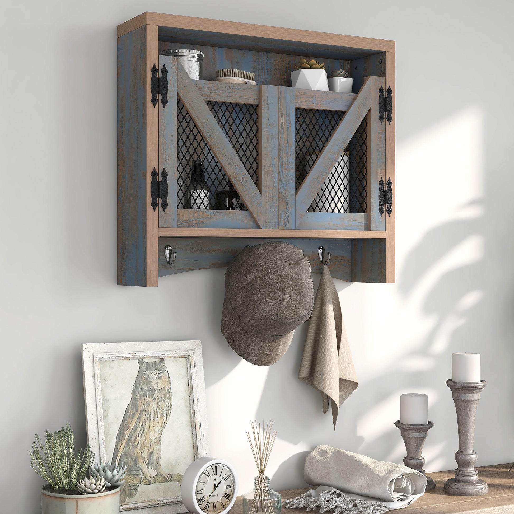 Right angled farmhouse distressed blue wood two-door wall organizer in an entryway with accessories