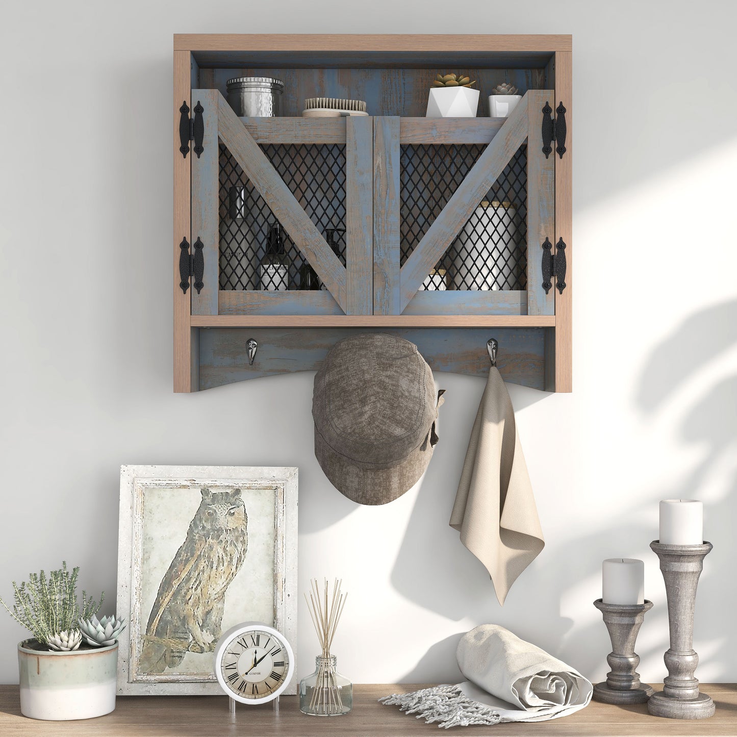 Front-facing farmhouse distressed blue wood two-door wall organizer in an entryway with accessories