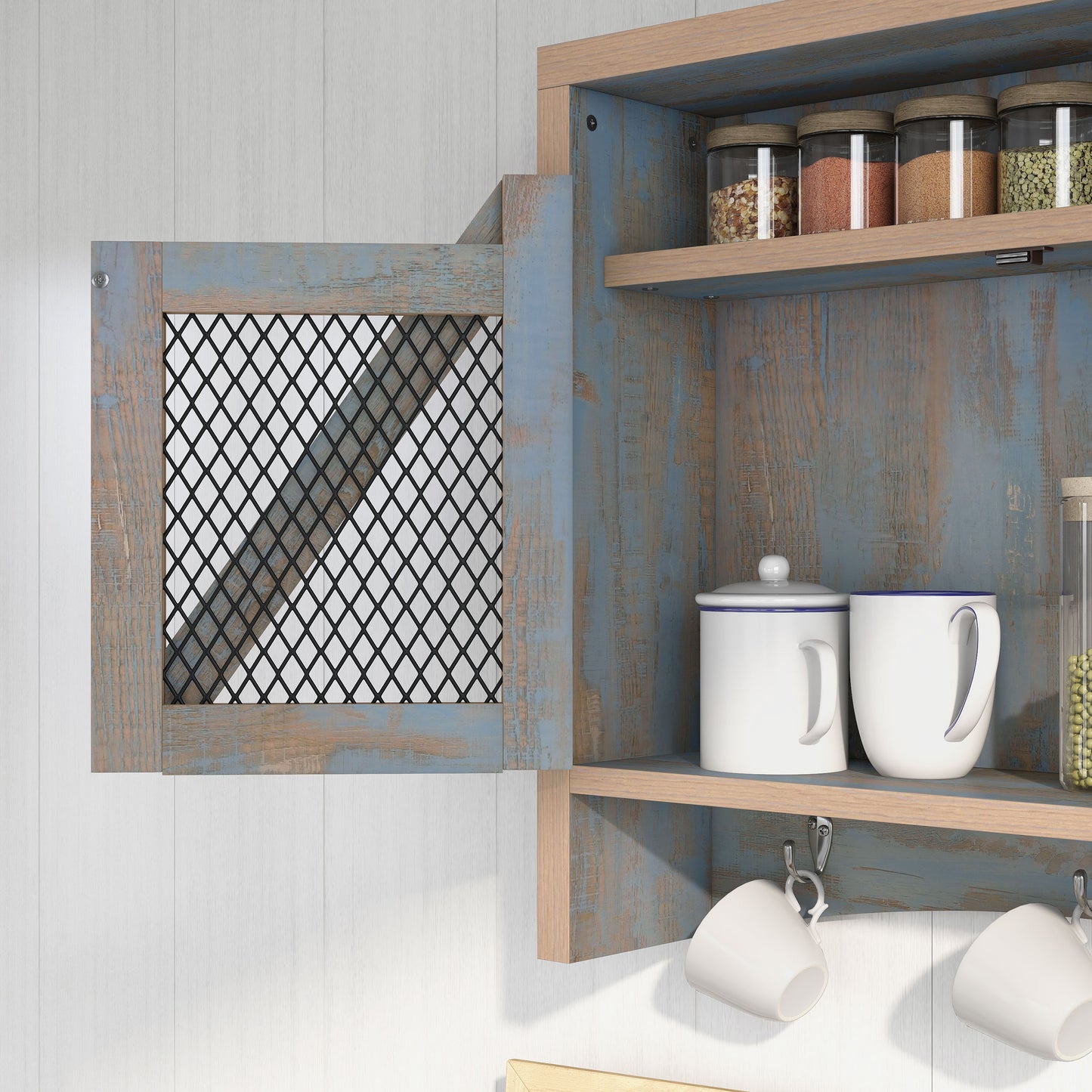 Left angled open door close up detail view of a farmhouse distressed blue wood two-door wall organizer in a kitchen with accessories