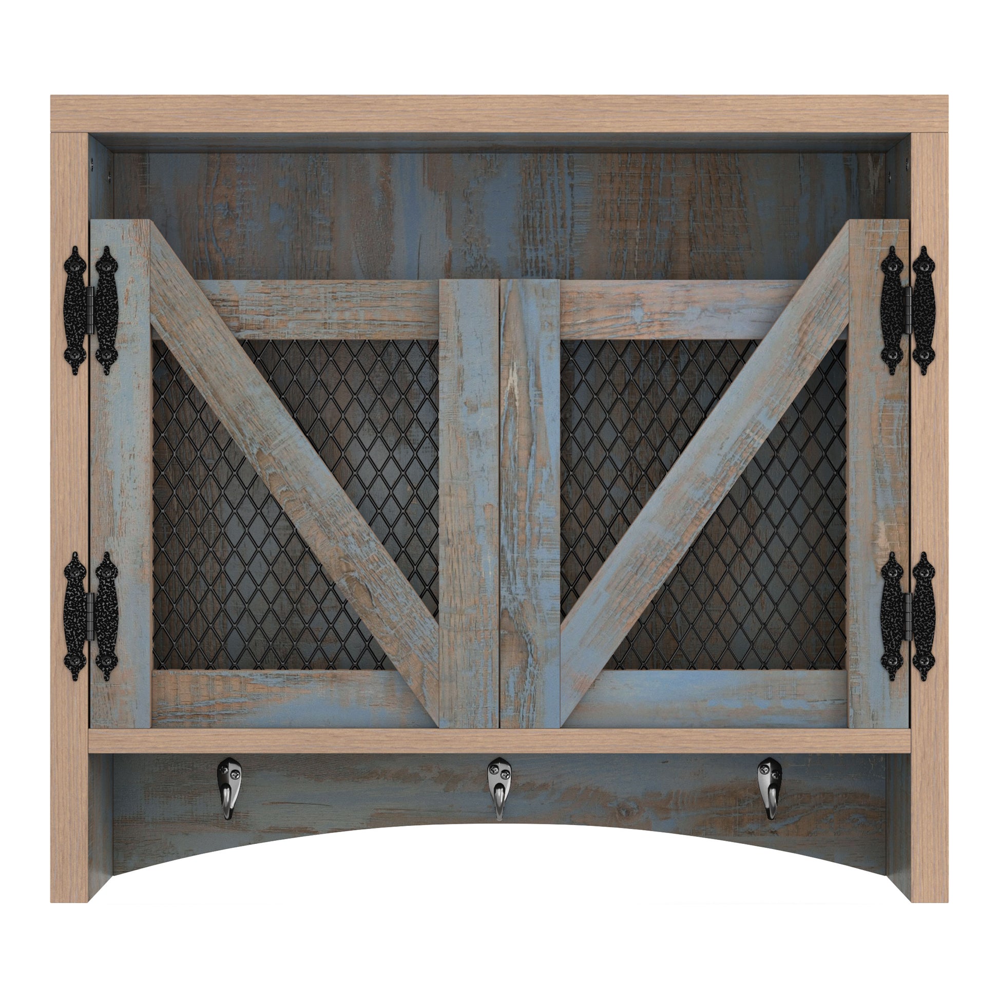 Front-facing farmhouse distressed blue wood two-door wall organizer with hooks on a white background