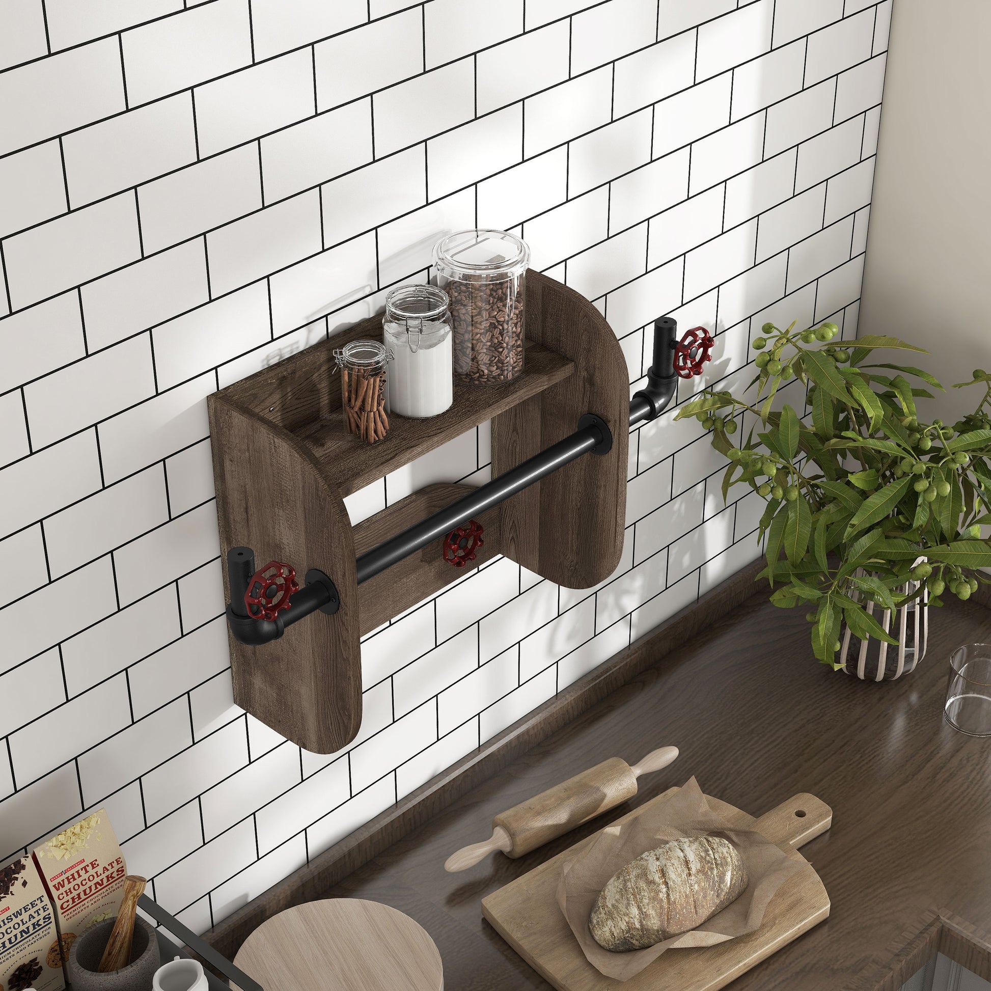 Right angled bird's eye view of an industrial reclaimed oak and water valve wall mounted rack with one shelf in a kitchen with accessories
