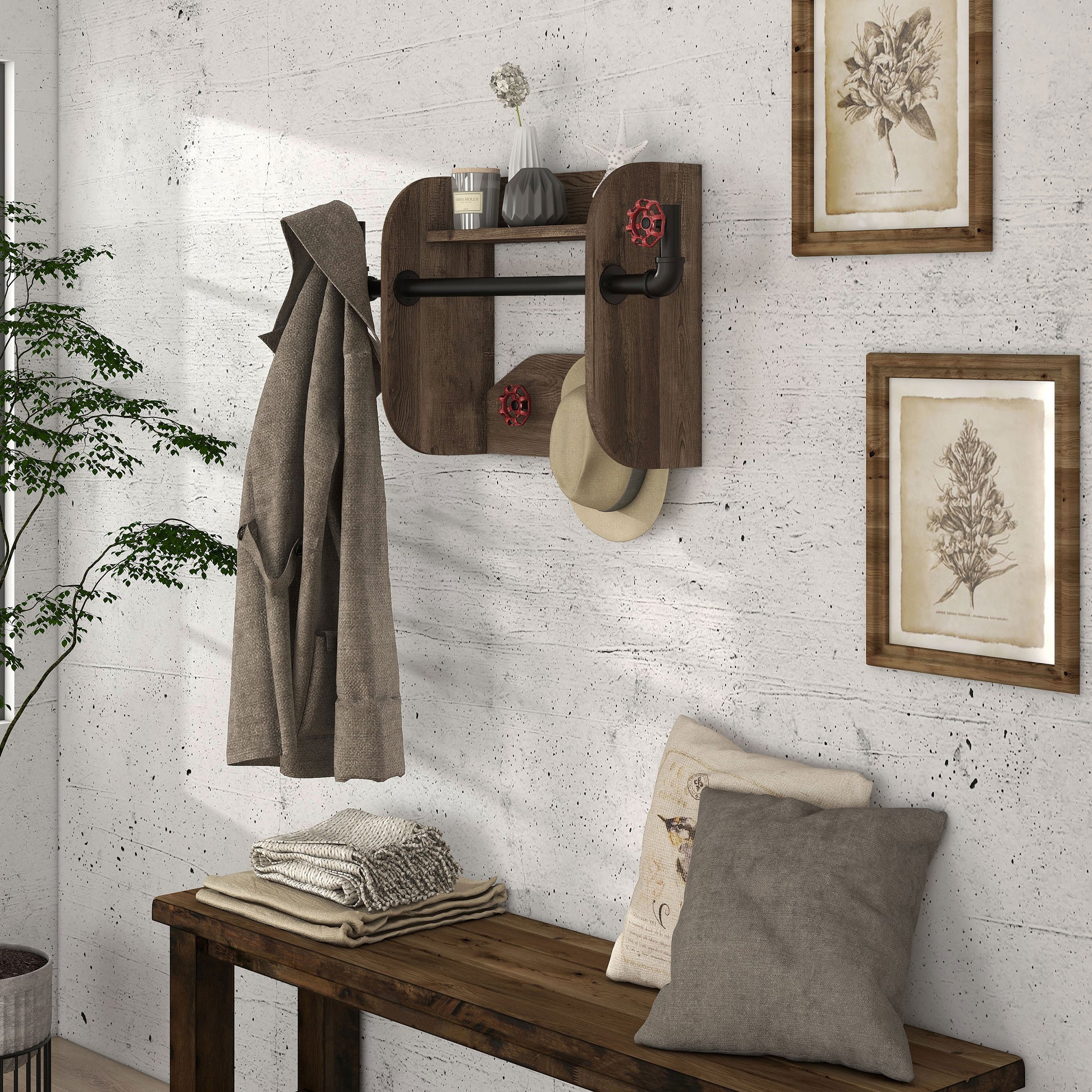 Left angled industrial reclaimed oak and water valve wall mounted coat rack with one shelf in an entryway with accessories