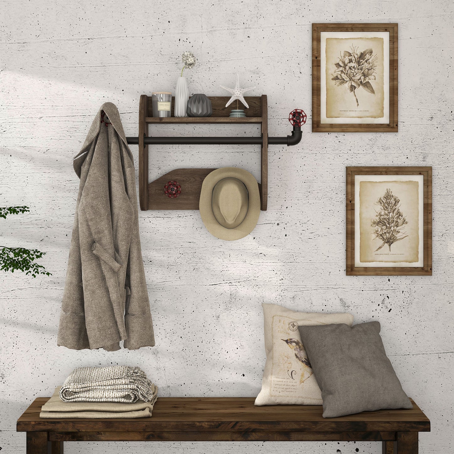Front-facing industrial reclaimed oak and water valve wall mounted coat rack with one shelf in an entryway with accessories