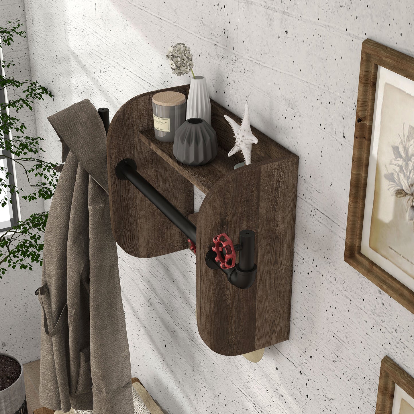 Left angled bird's eye view of an industrial reclaimed oak and water valve wall mounted coat rack with one shelf in an entryway with accessories