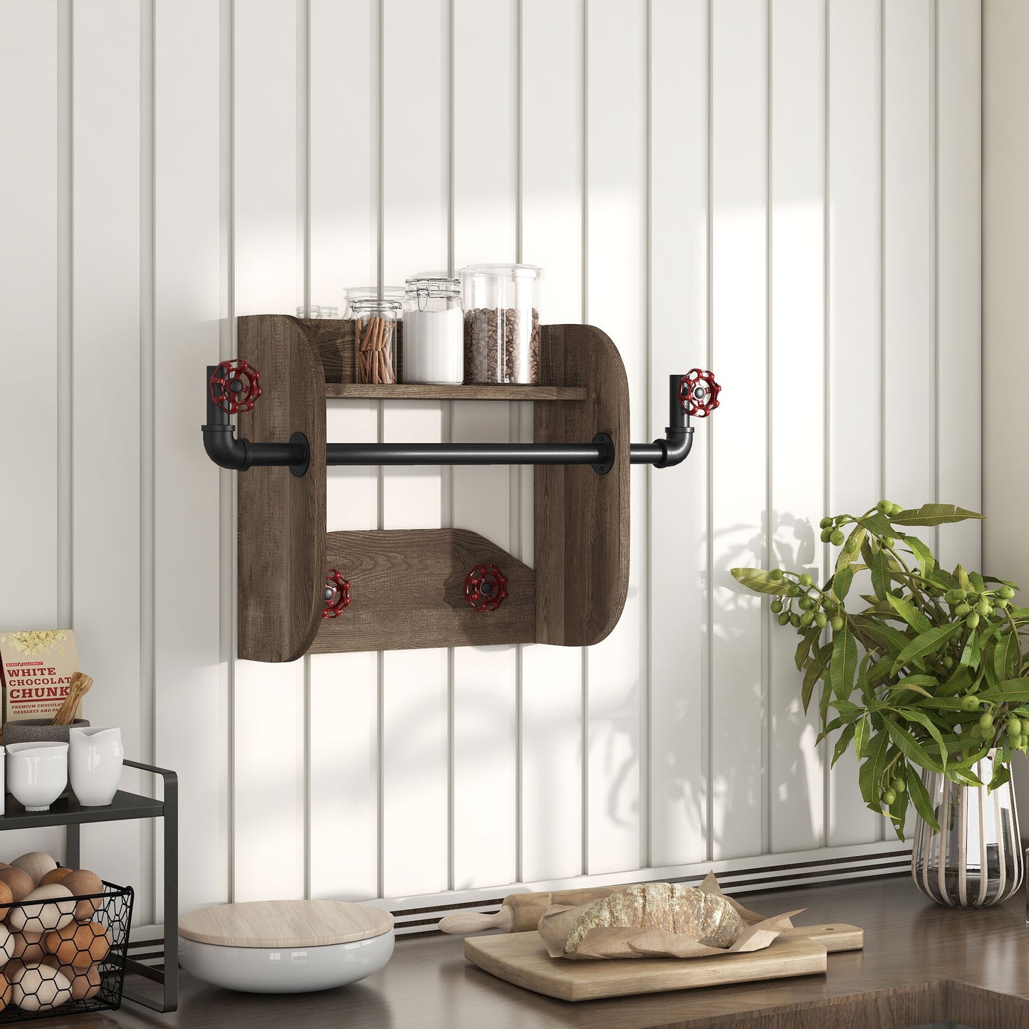 Right angled industrial reclaimed oak and water valve wall mounted rack with one shelf in a kitchen with accessories