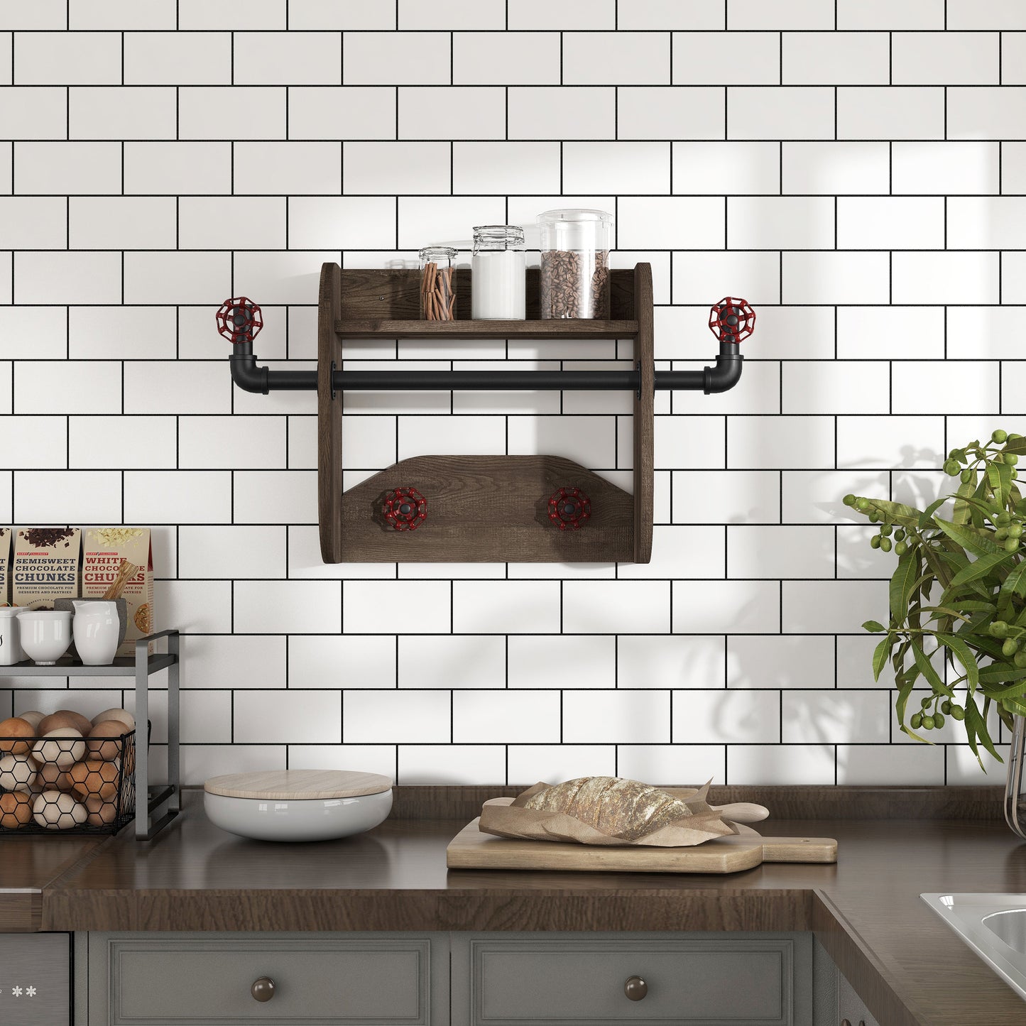 Front-facing industrial reclaimed oak and water valve wall mounted rack with one shelf in a kitchen with accessories