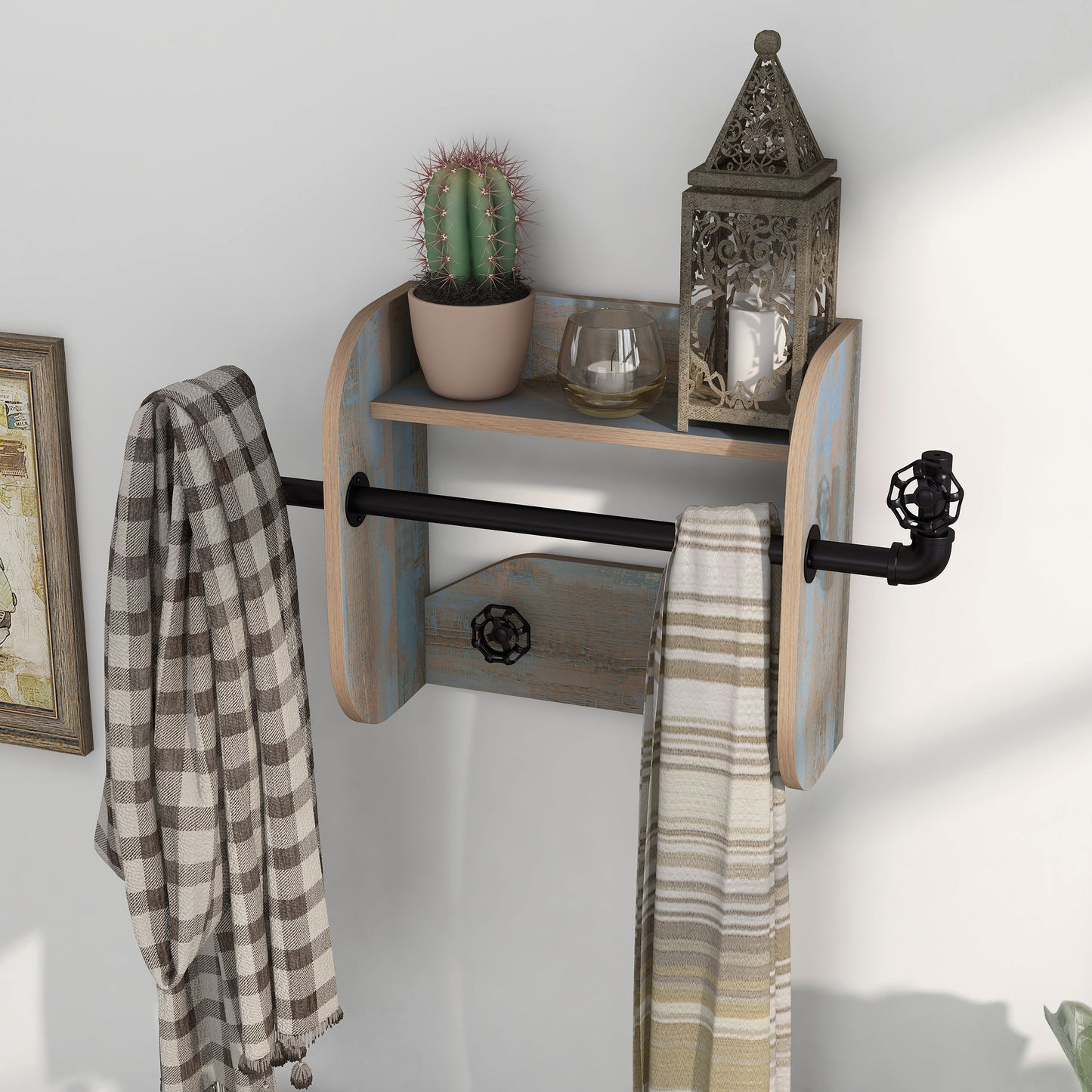 Left angled industrial distressed blue wood and water valve wall mounted rack with one shelf in a living room with accessories