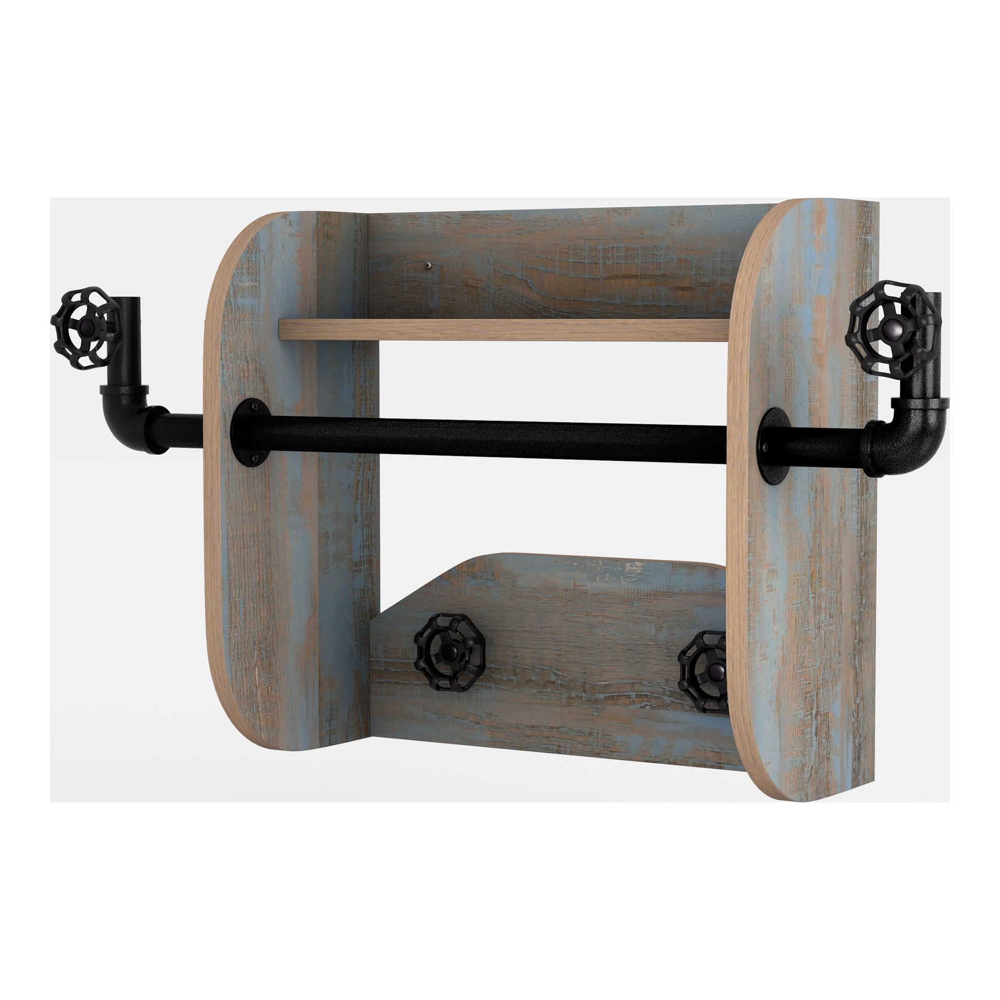 Left angled industrial distressed blue wood and water valve wall mounted rack with one shelf on a neutral background