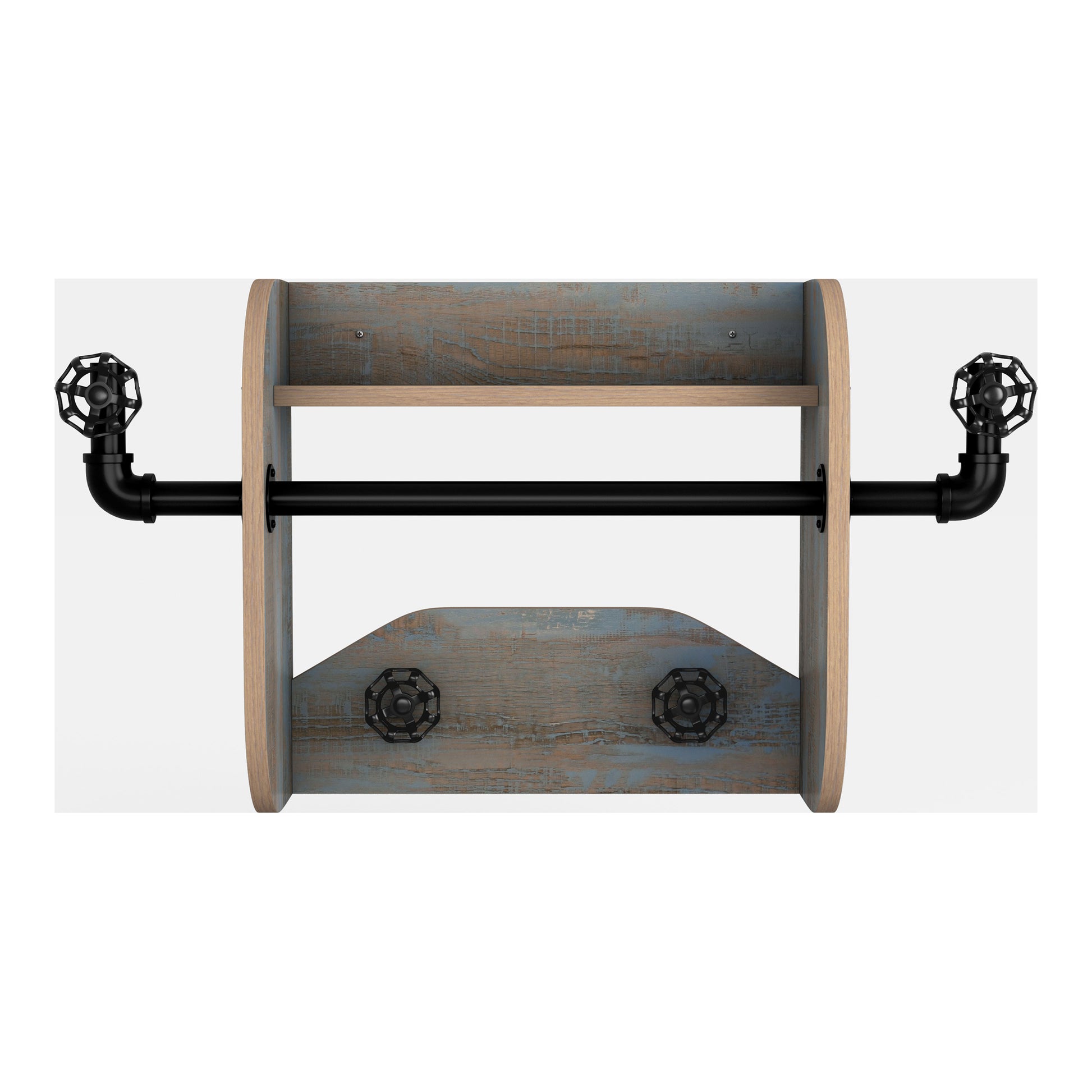 Front-facing industrial distressed blue wood and water valve wall mounted rack with one shelf on a neutral background