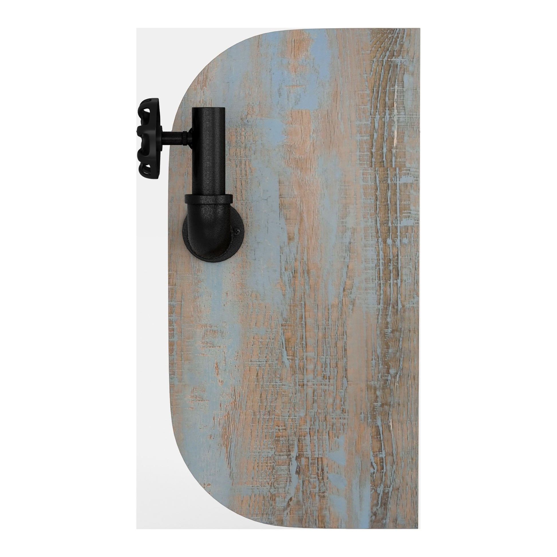 Front-facing side view of an industrial distressed blue wood and water valve wall mounted rack with one shelf on a neutral background