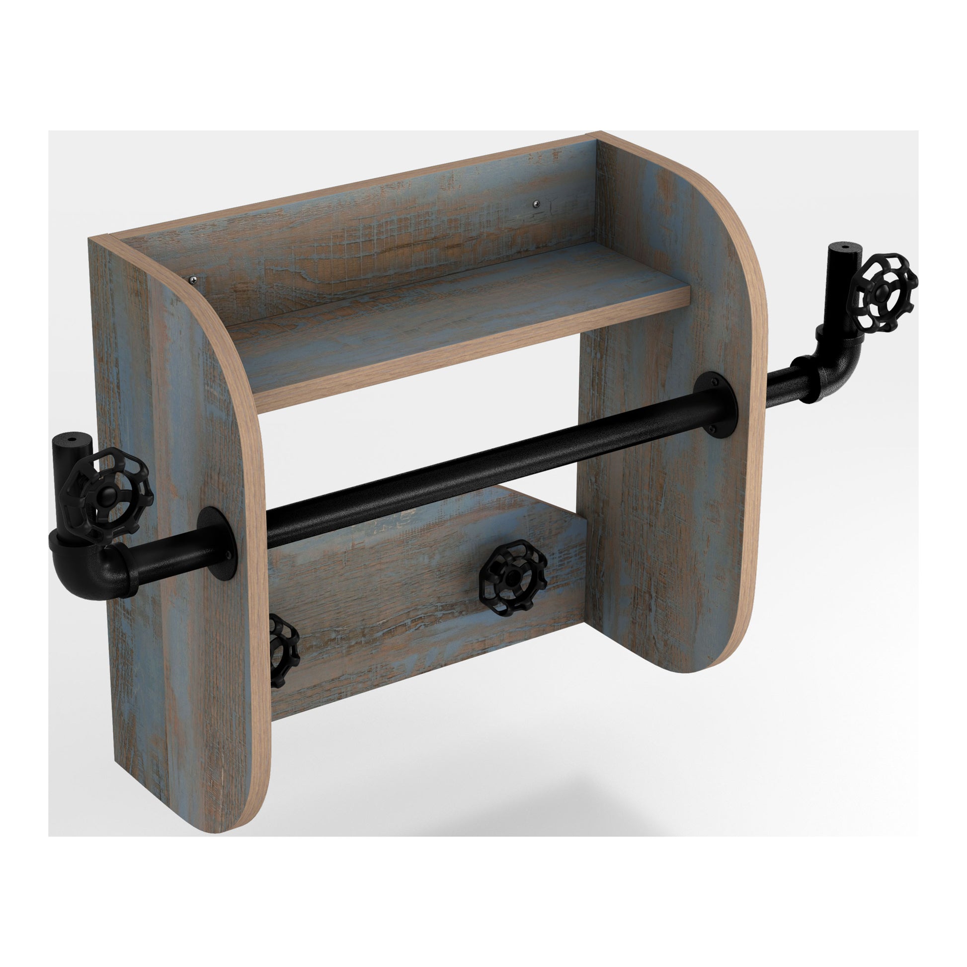 Right angled industrial distressed blue wood and water valve wall mounted rack with one shelf on a neutral background