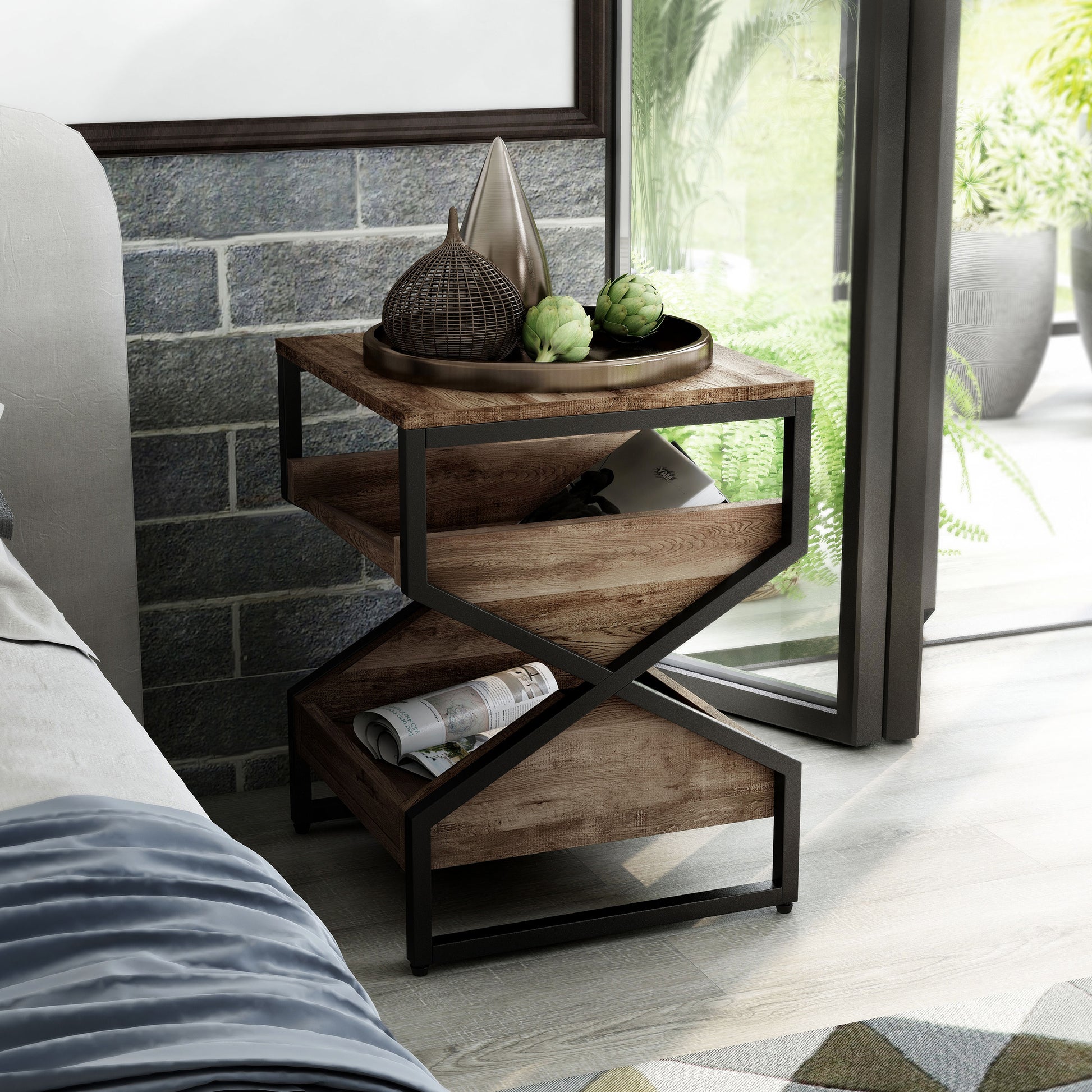 Right angled industrial reclaimed oak end table with a pull-out tray shelf in a bedroom with accessories