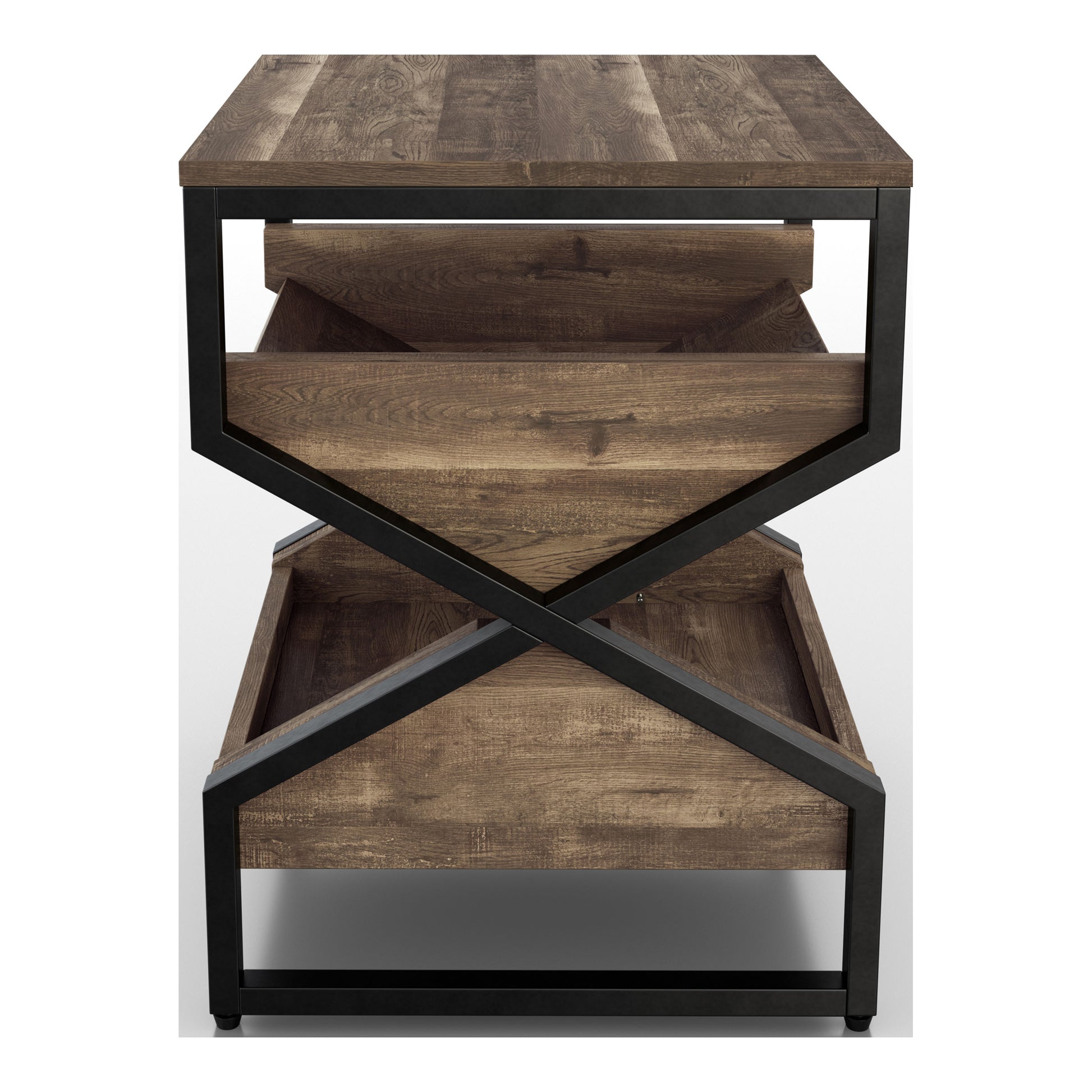 Front-facing industrial reclaimed oak end table with a pull-out tray shelf on a white background