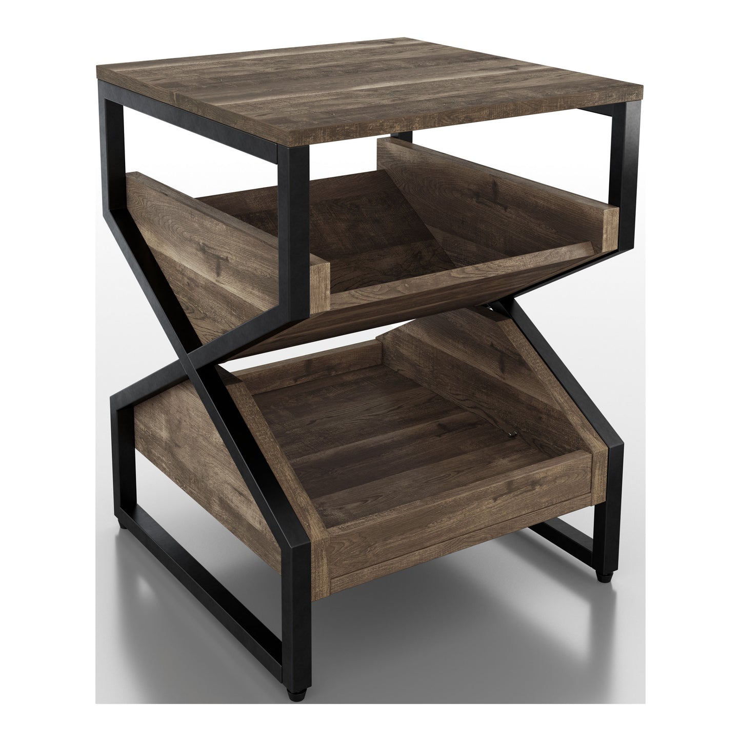 Right angled industrial reclaimed oak end table with a pull-out tray shelf on a white background