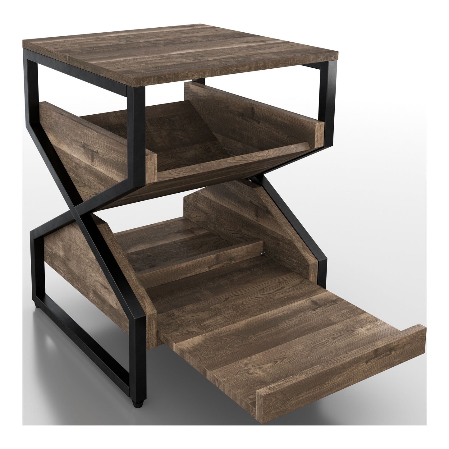 Right angled industrial reclaimed oak end table with a pull-out tray shelf extended on a white background