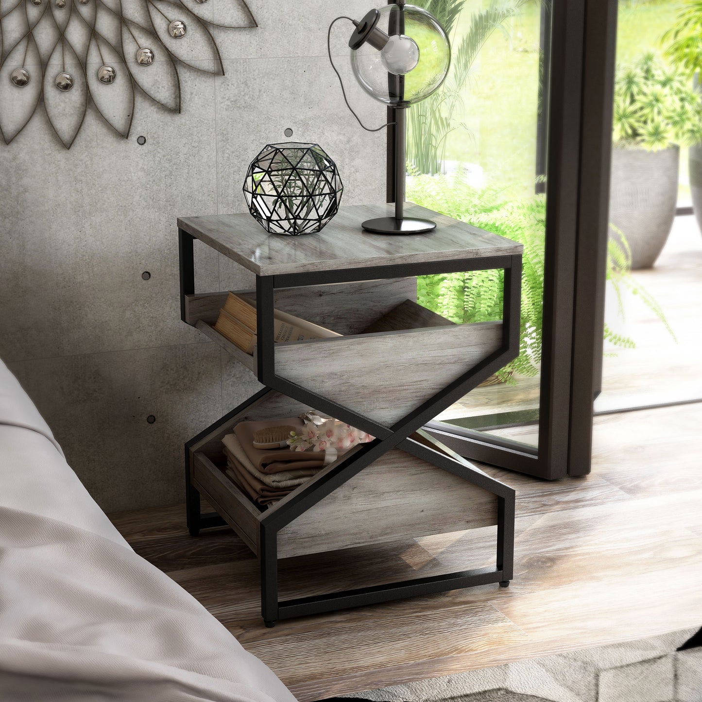 Right angled industrial vintage gray oak end table with a pull-out tray shelf in a bedroom with accessories
