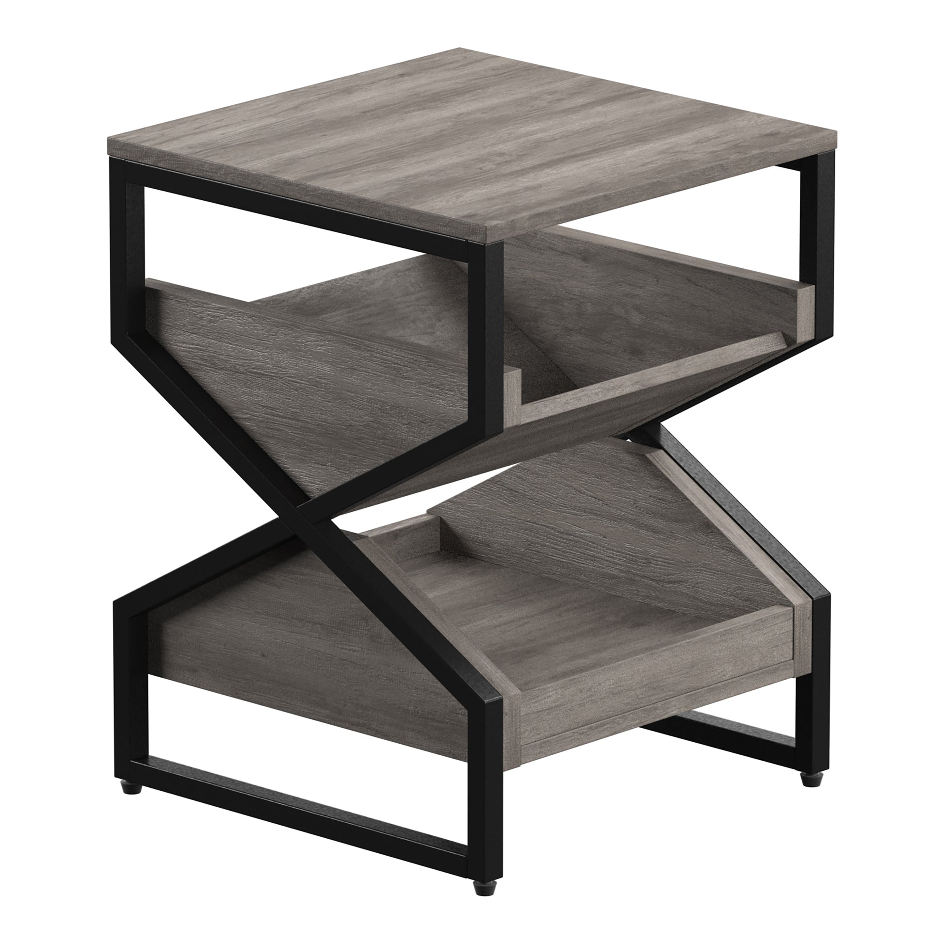 Right angled industrial vintage gray oak end table with a pull-out tray shelf on a white background