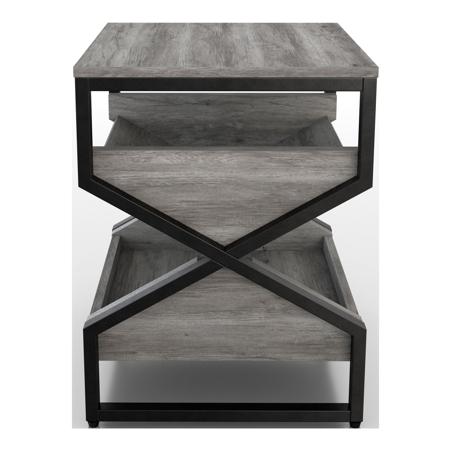 Front-facing industrial vintage gray oak end table with a pull-out tray shelf on a white background