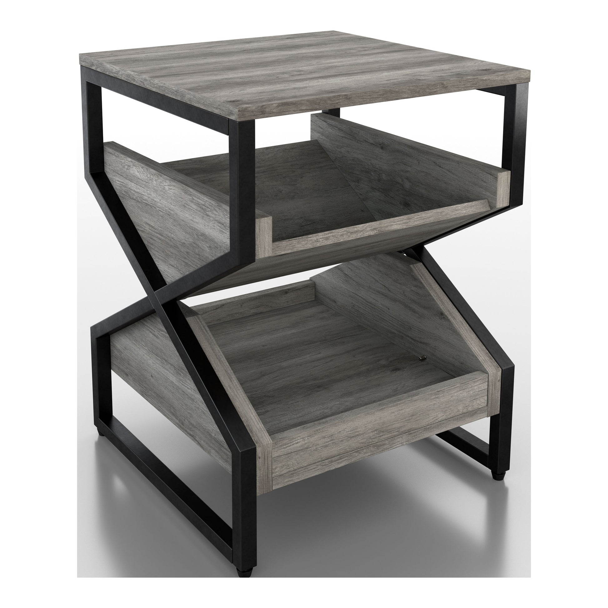 Right angled industrial vintage gray oak end table with a pull-out tray shelf on a white background