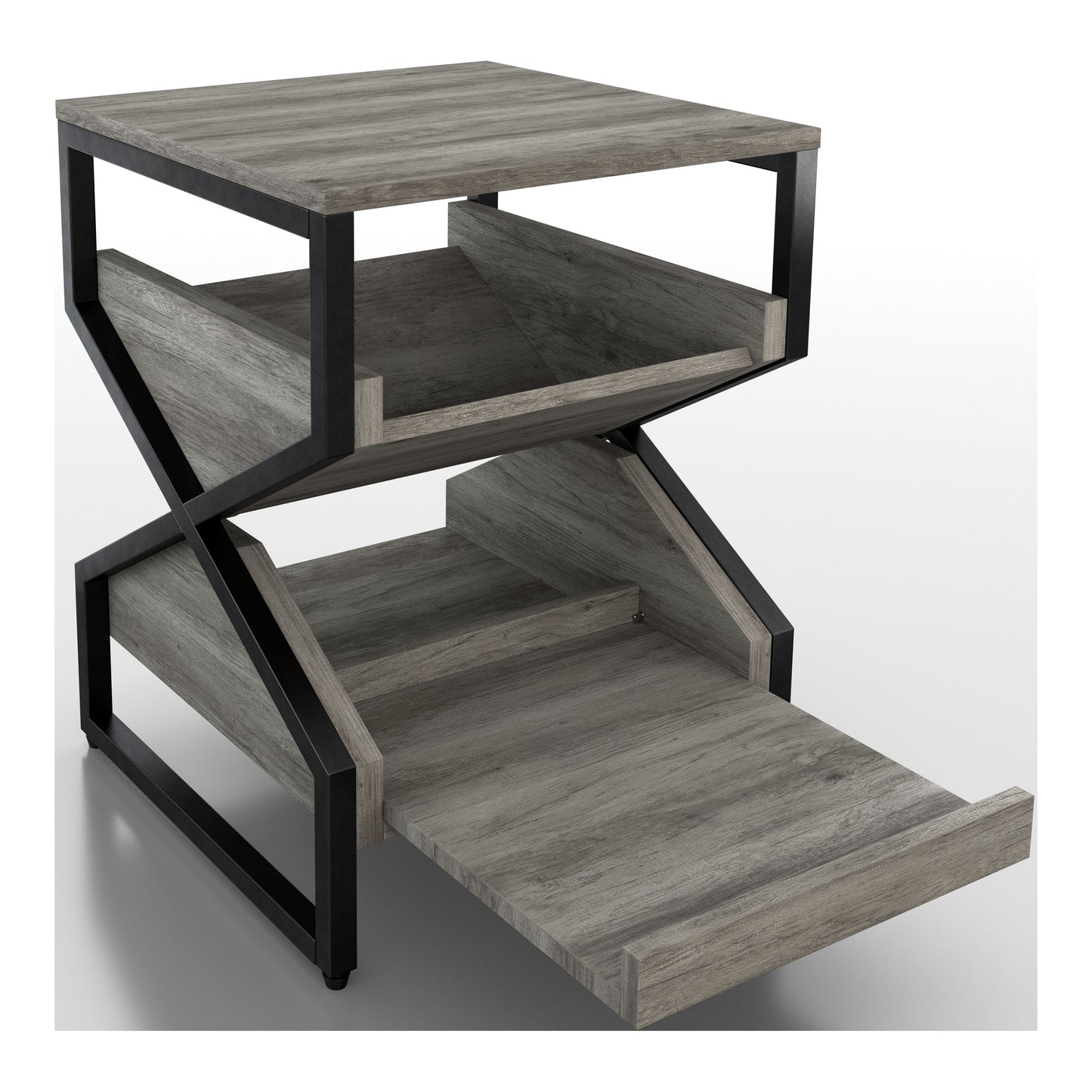 Right angled industrial vintage gray oak end table with a pull-out tray shelf extended on a white background