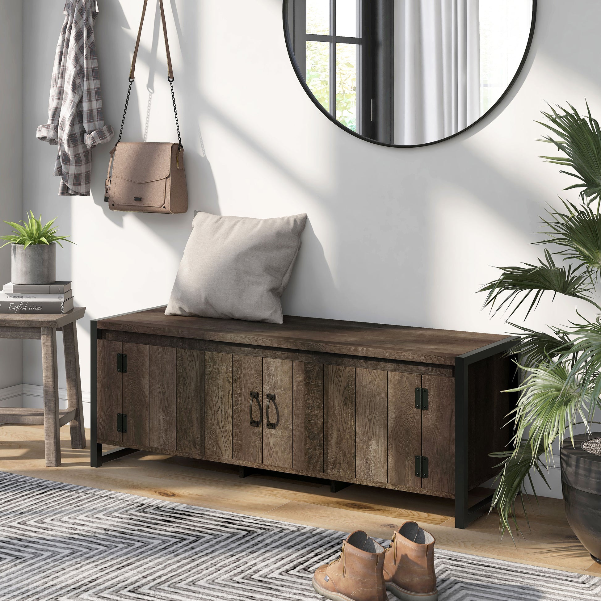 Left angled industrial reclaimed oak two-door storage bench in an entryway with accessories