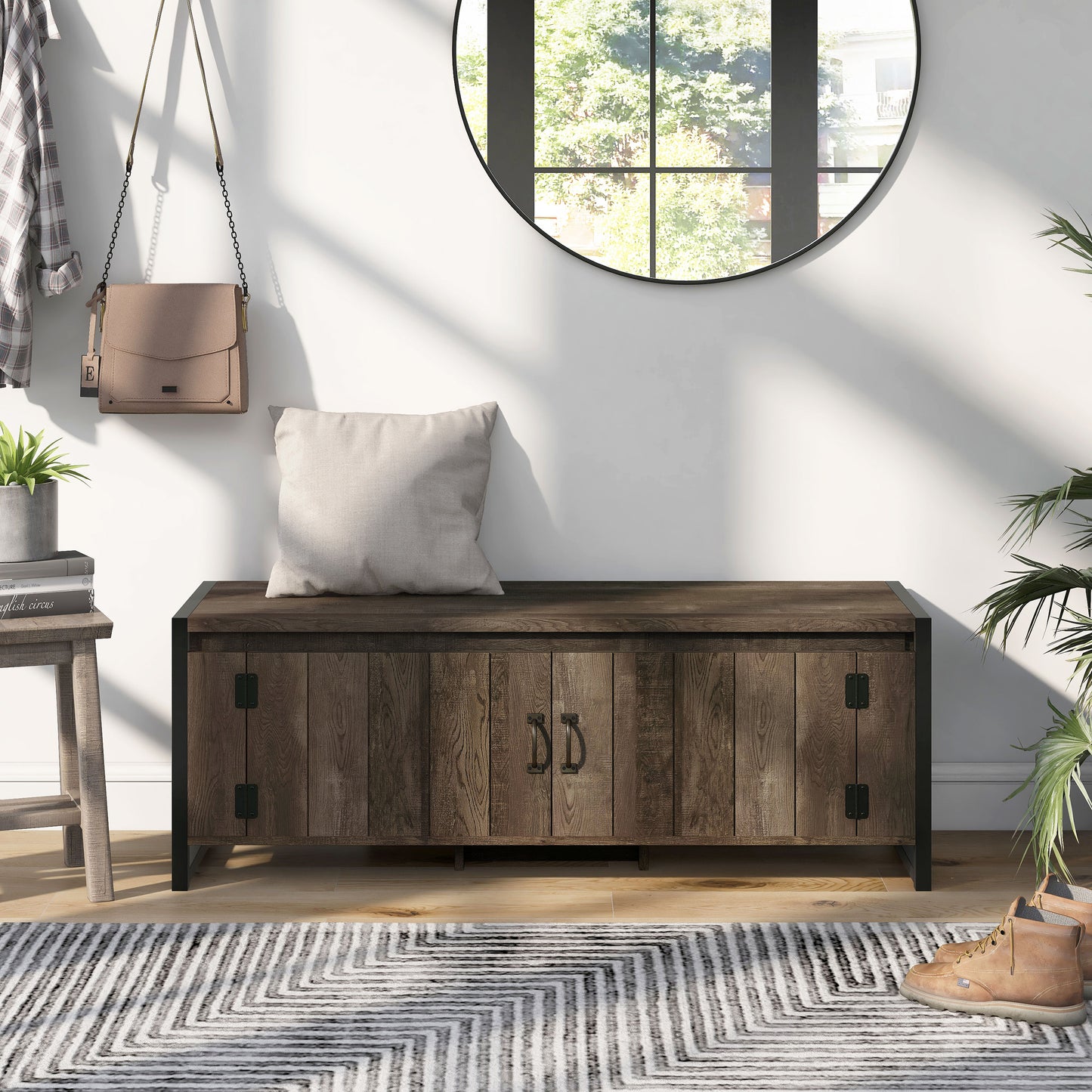 Front-facing industrial reclaimed oak two-door storage bench in an entryway with accessories