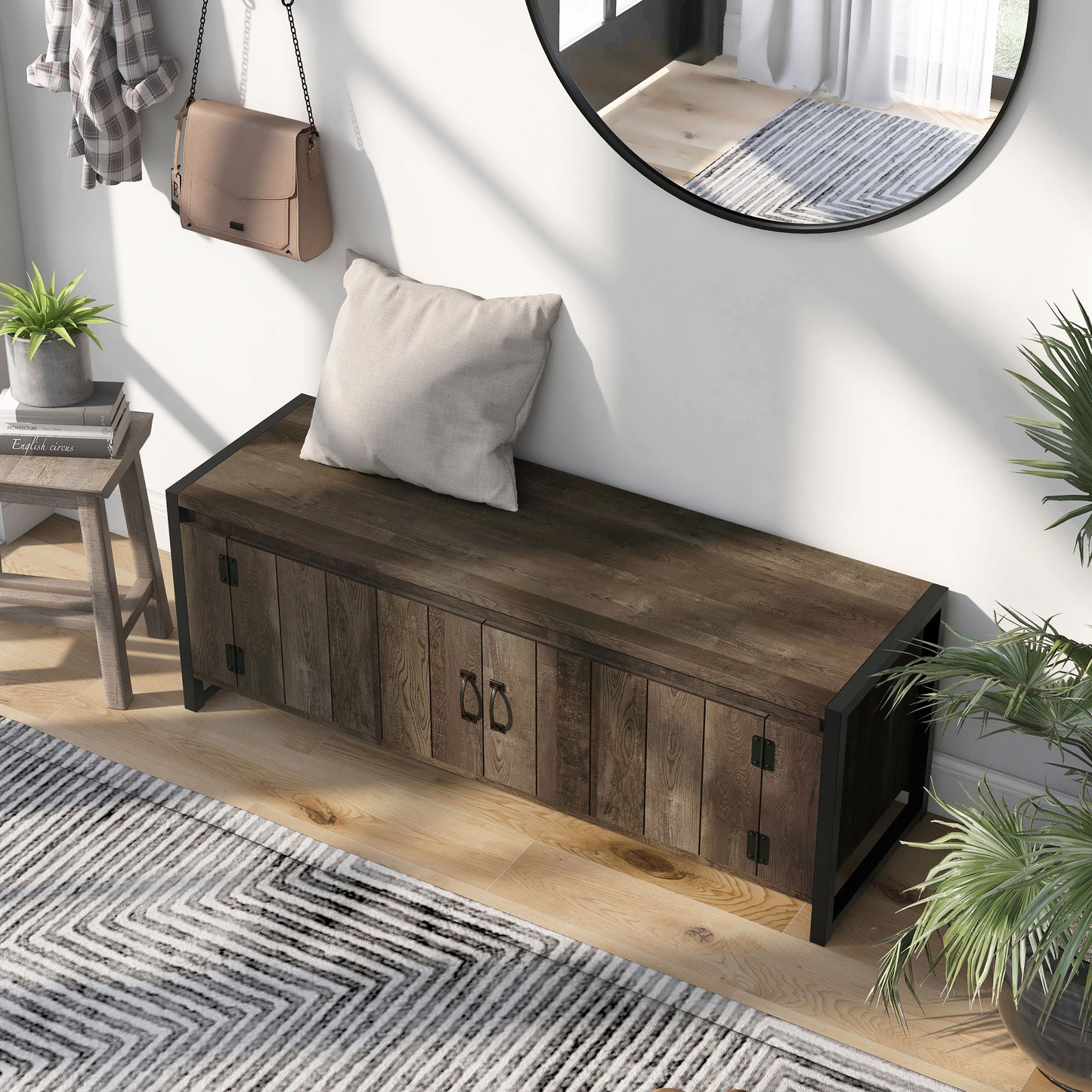 Left angled bird's eye view of a industrial reclaimed oak two-door storage bench in an entryway with accessories