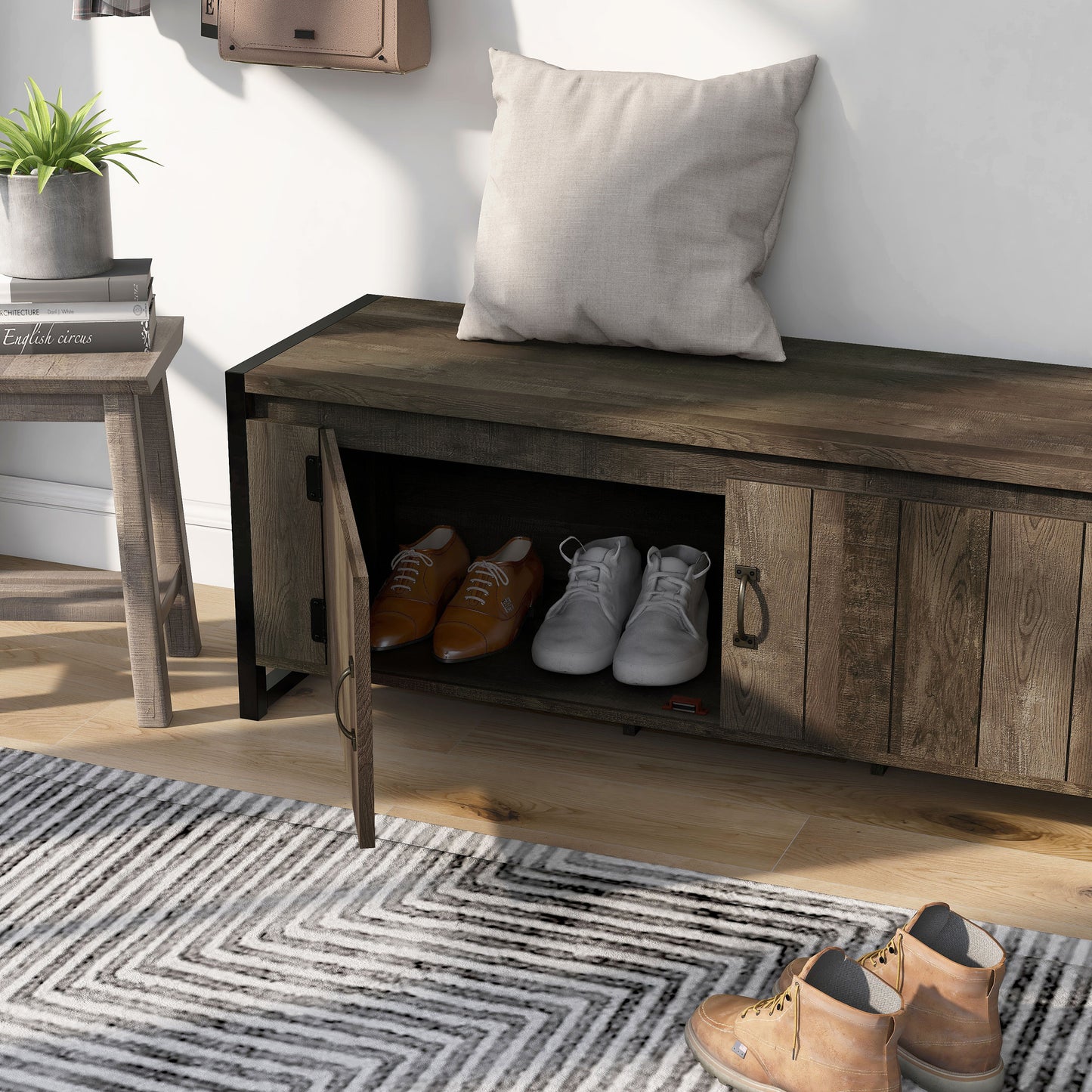 Left angled close up view of an industrial reclaimed oak two-door storage bench with one door open in an entryway with accessories