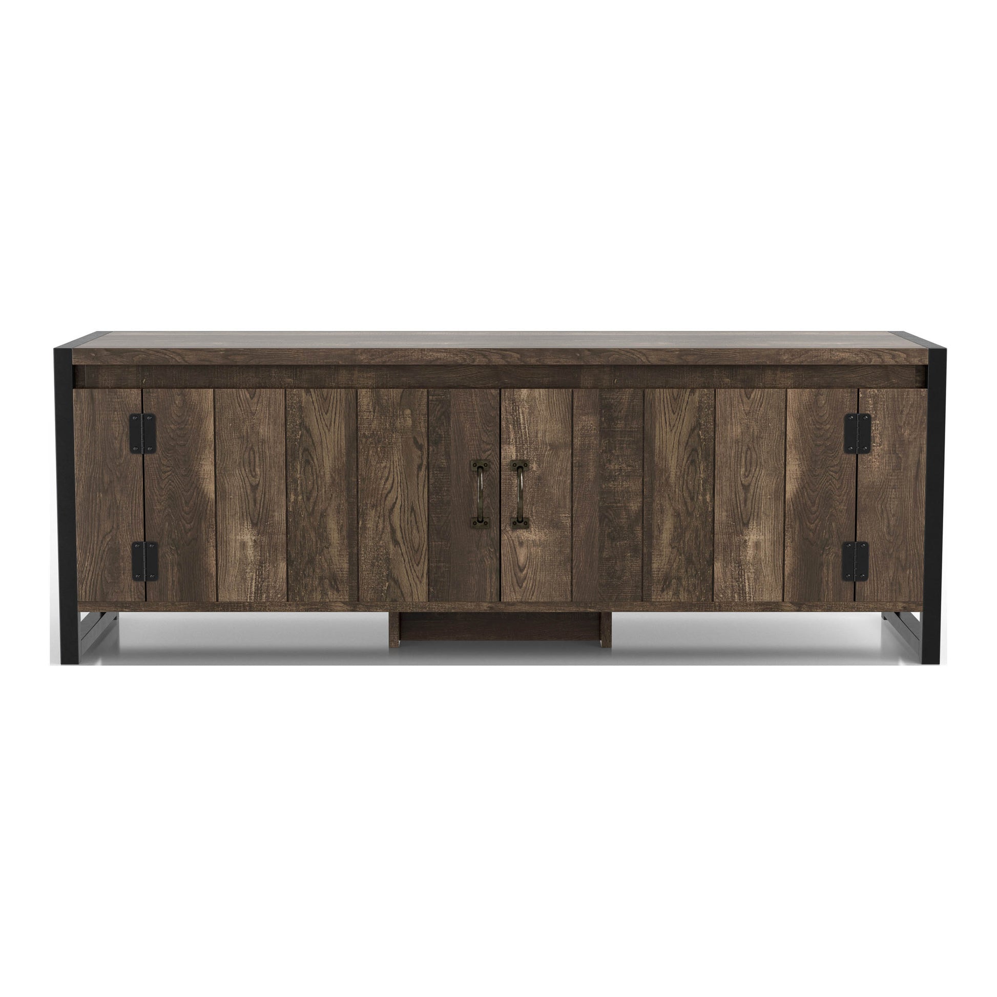 Front-facing industrial reclaimed oak two-door storage bench on a white background