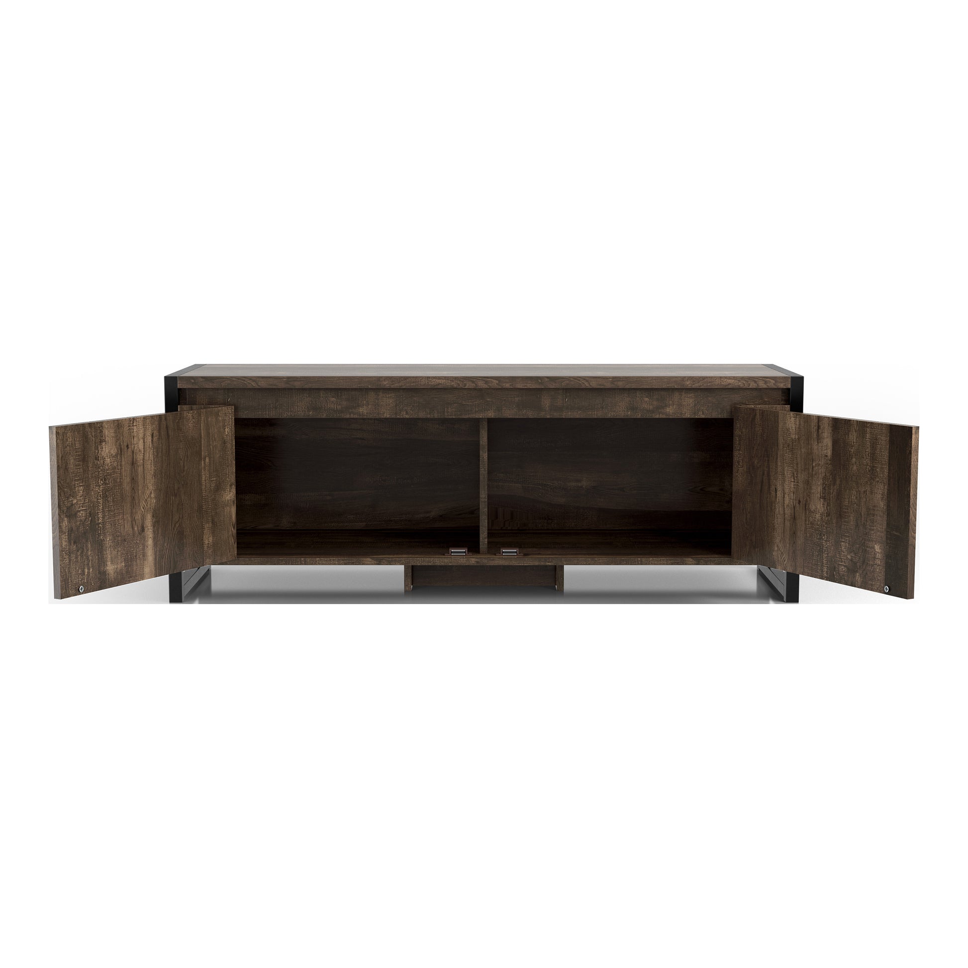 Front-facing industrial reclaimed oak two-door storage bench with both doors open on a white background