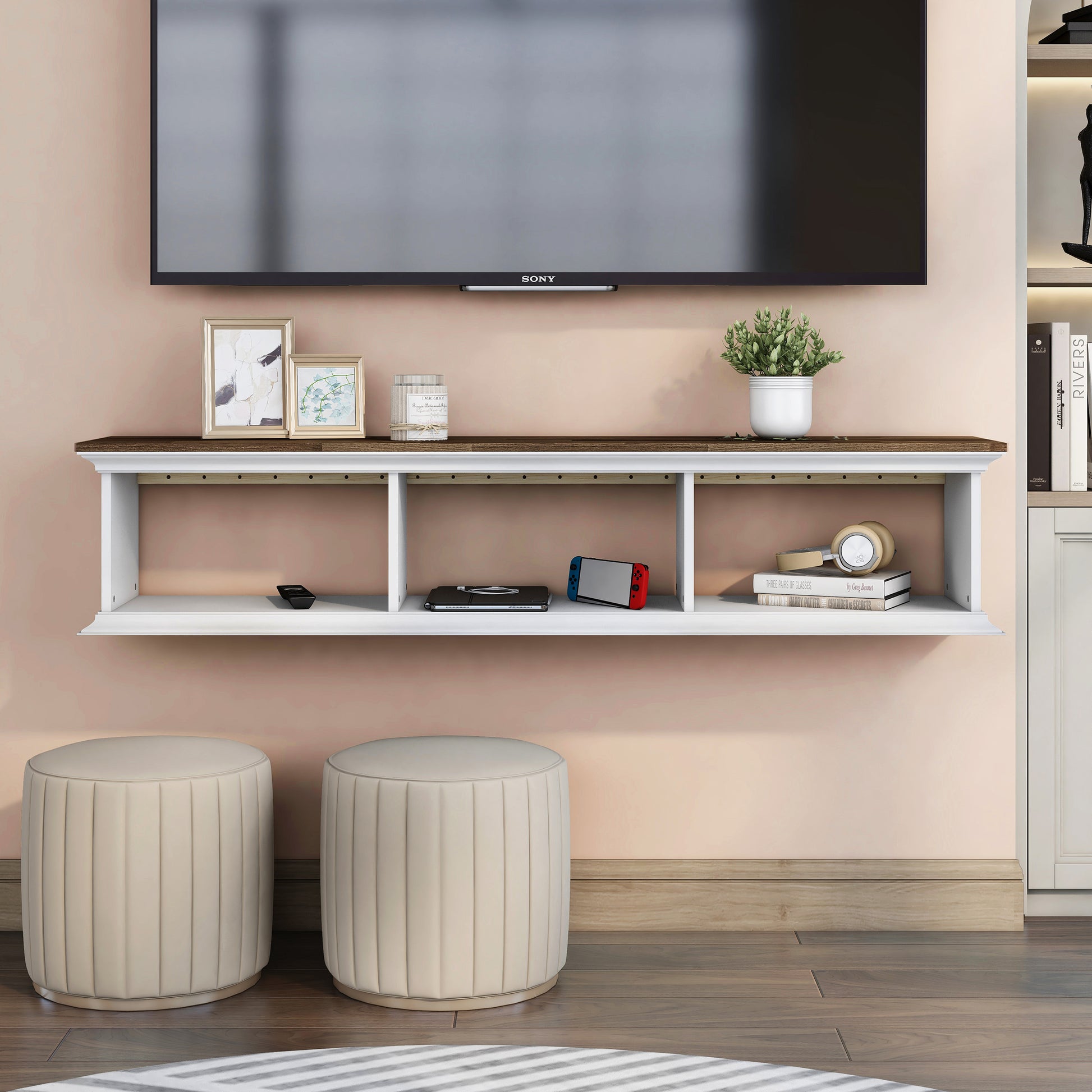 Front-facing transitional light hickory and white floating TV stand with three shelves in a living room with accessories
