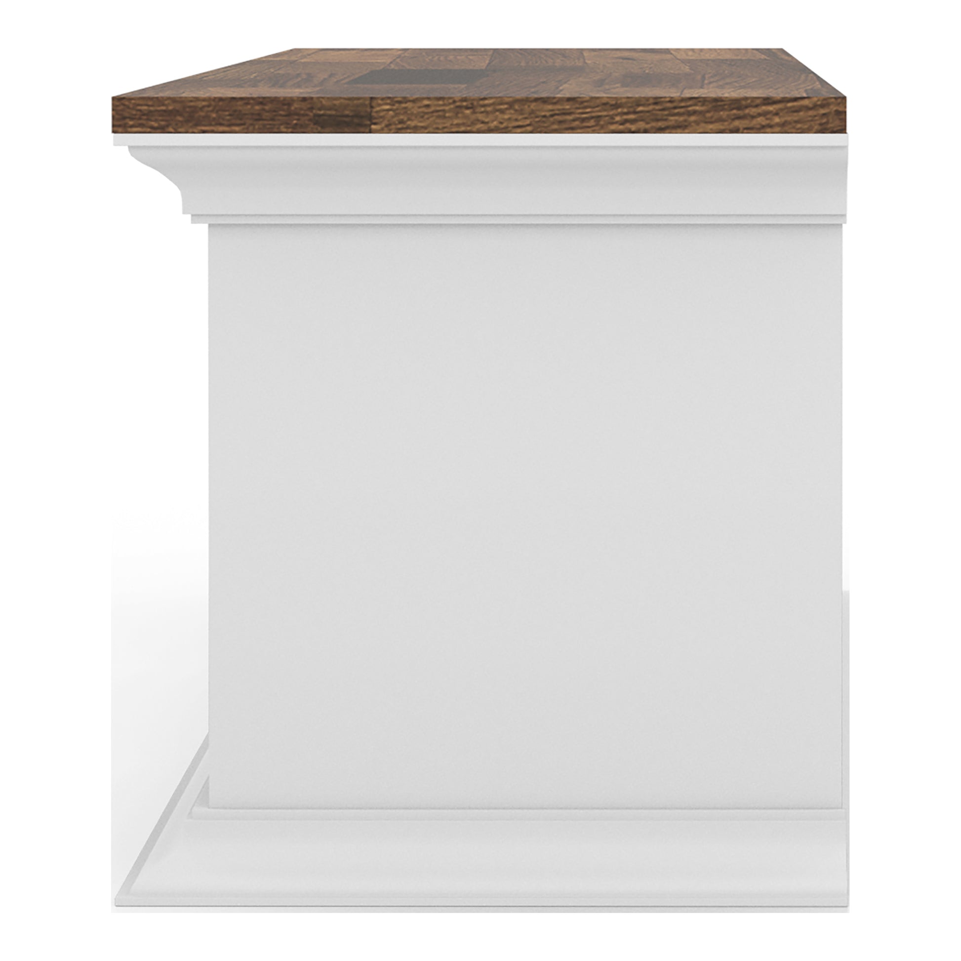 Front-facing side view of a transitional light hickory and white floating TV stand with three shelves on a white background