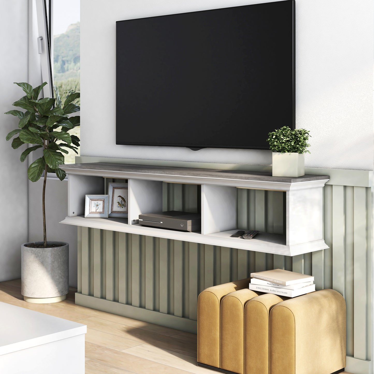 Left angled transitional vintage gray oak and white floating TV stand with three shelves in a living room with accessories
