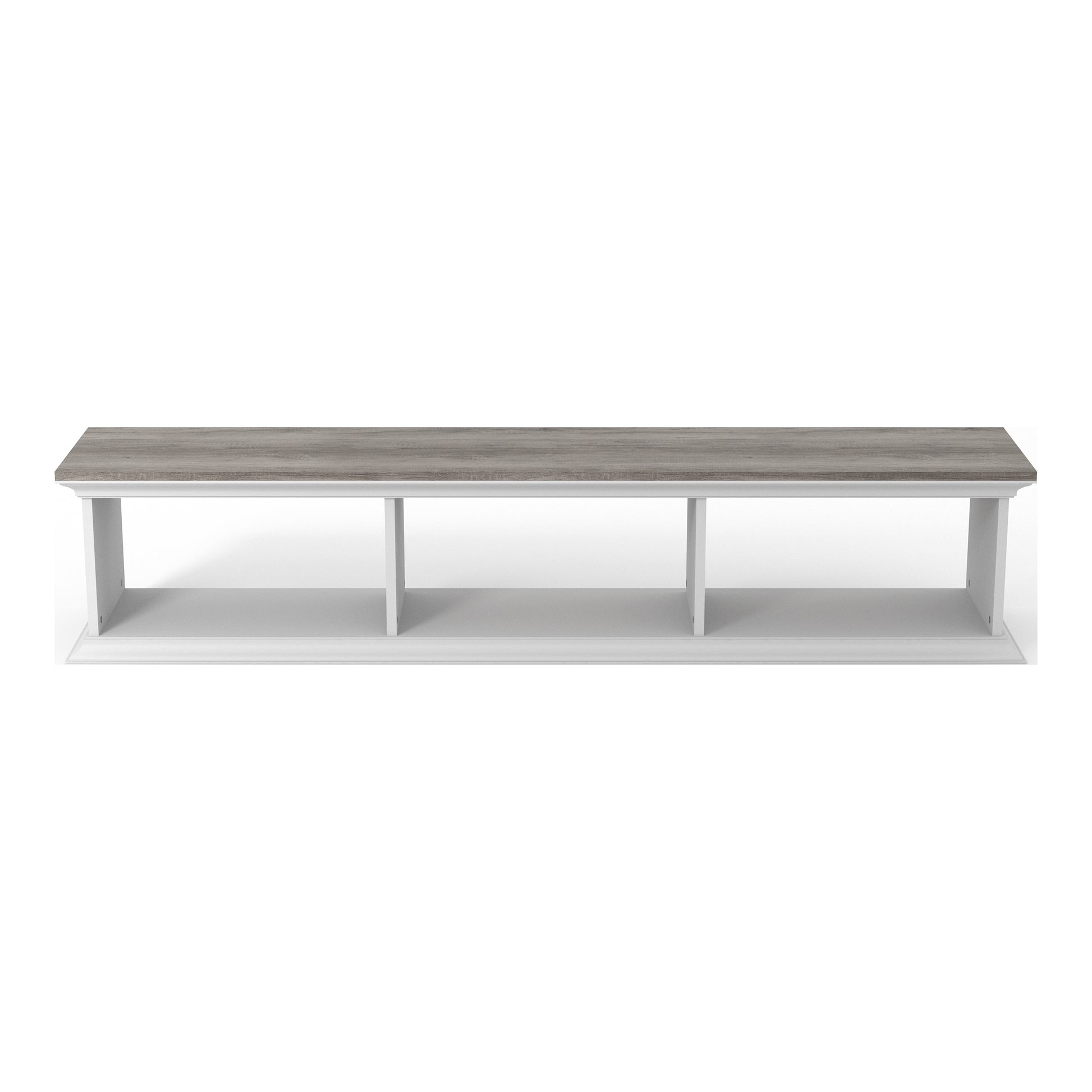 Front-facing transitional vintage gray oak and white floating TV stand with three shelves on a white background