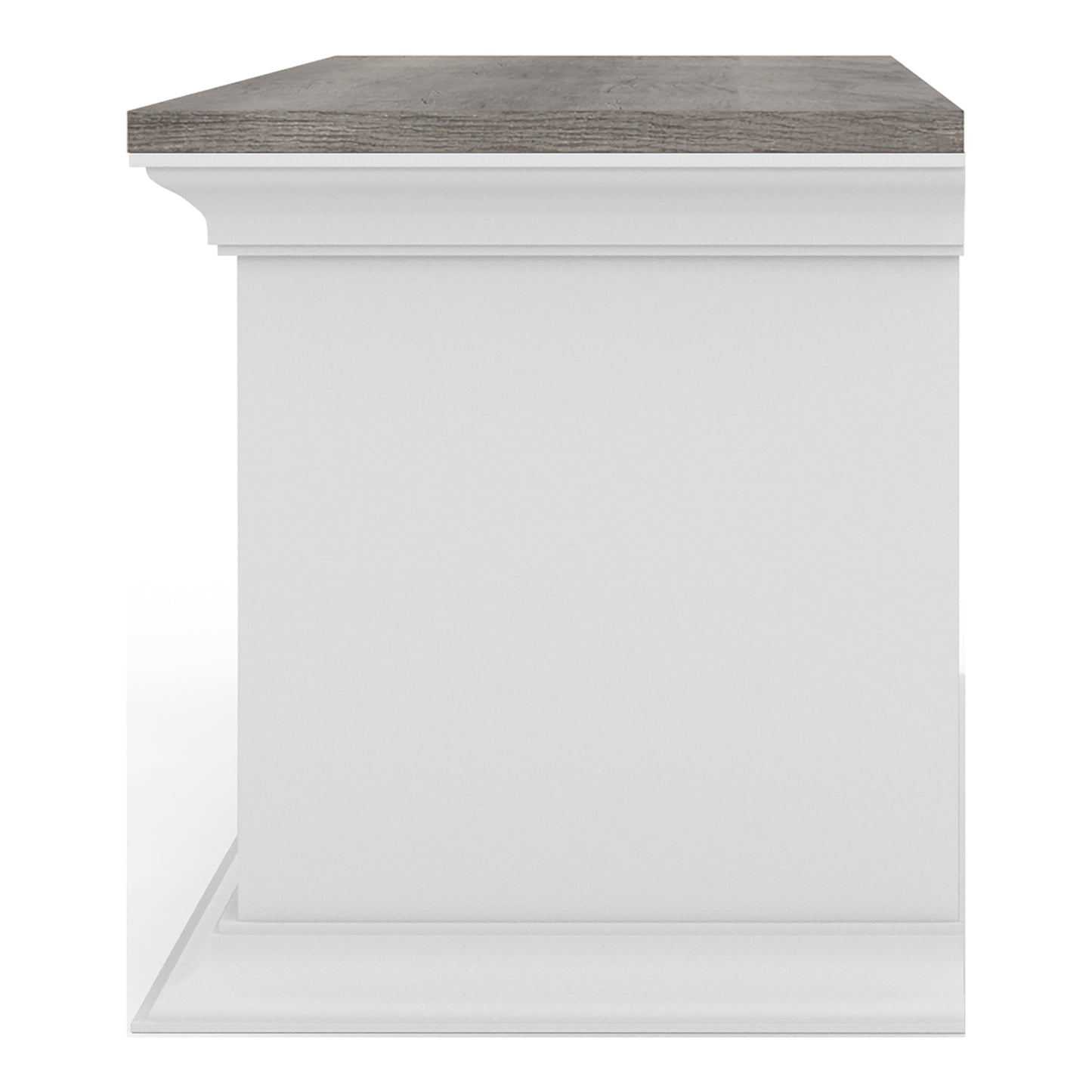 Front-facing side view of a transitional vintage gray oak and white floating TV stand with three shelves on a white background