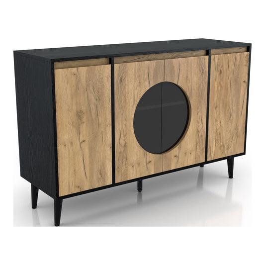 Right angled modern light oak and black six-shelf buffet with four doors on a white background