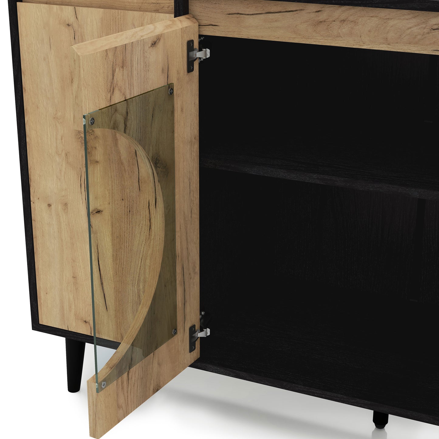 Left angled close-up open center door/hinge view of a modern light oak and black six-shelf buffet with four doors on a white background