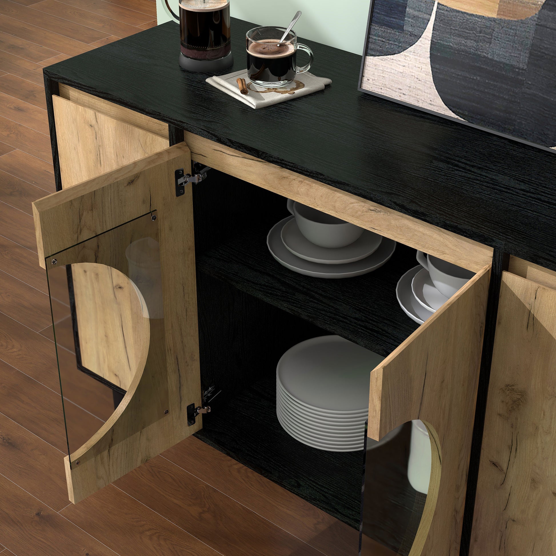 Left angled bird's eye close-up door view of a modern light oak and black six-shelf buffet with center doors open in a living area with accessories