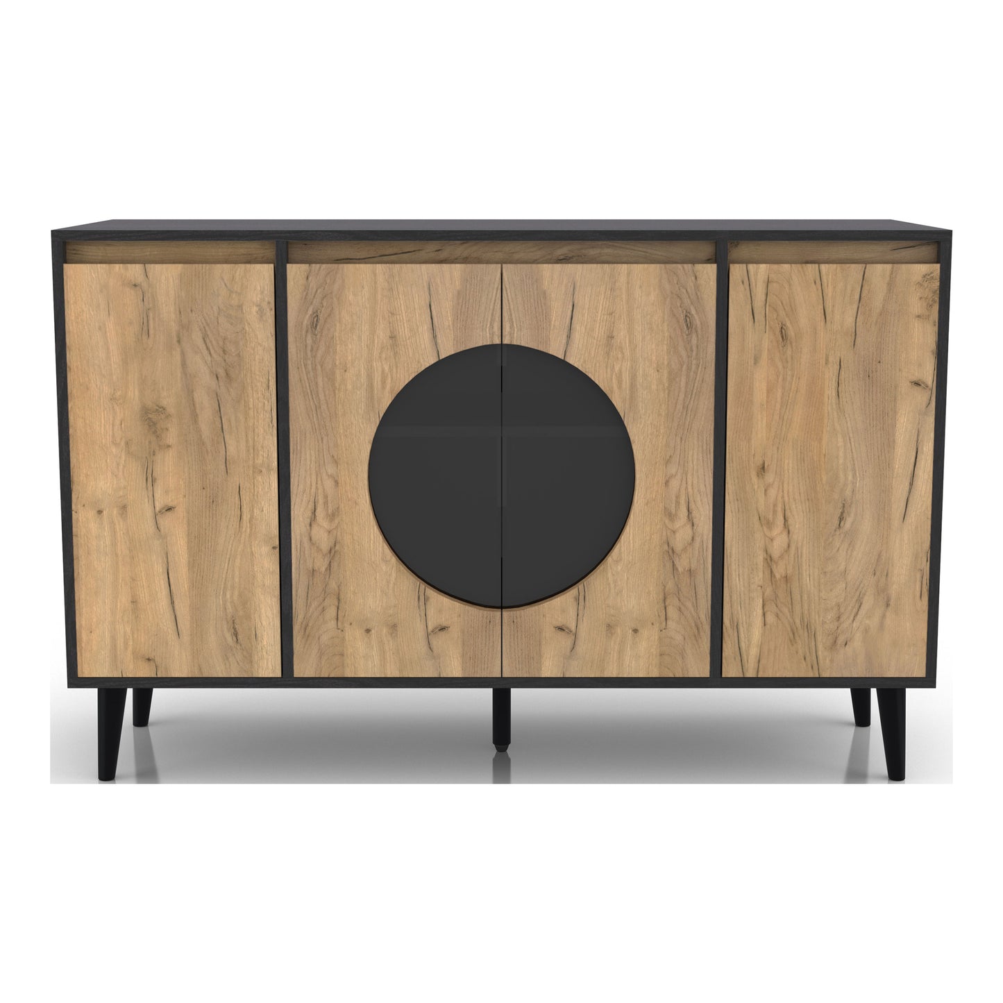 Front-facing modern light oak and black six-shelf buffet with four doors on a white background