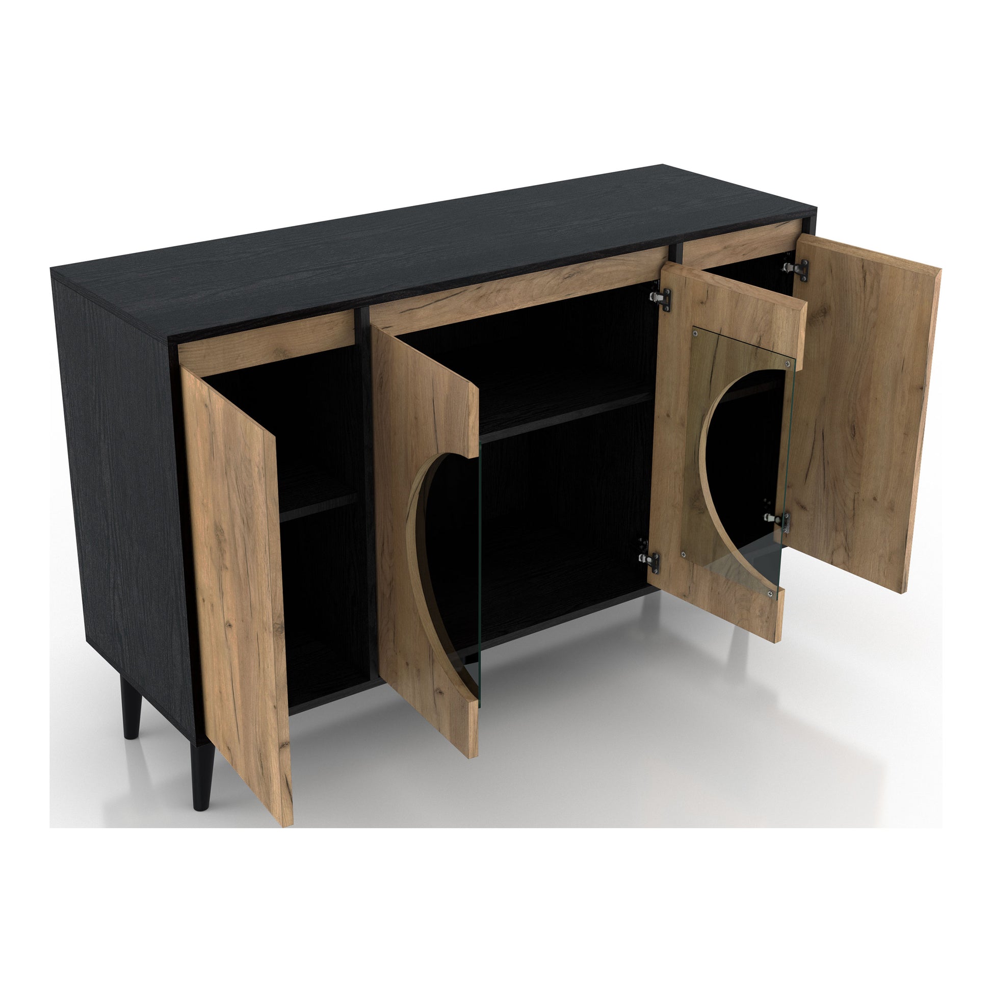 Right angled modern light oak and black six-shelf buffet with four doors open on a white background