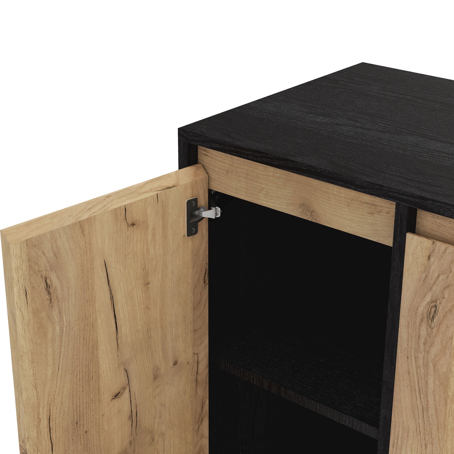 Left angled close-up open side door/hinge view of a modern light oak and black six-shelf buffet with four doors on a white background