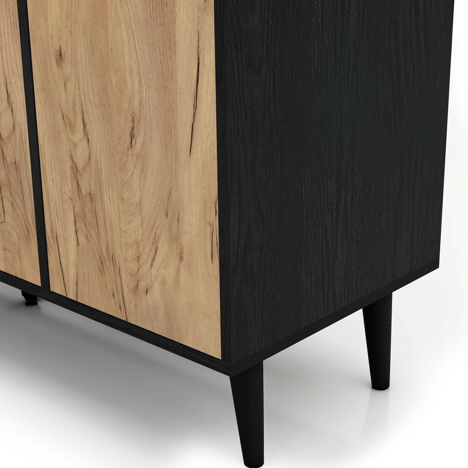 Left angled close-up open door/base view of a modern light oak and black six-shelf buffet with four doors on a white background