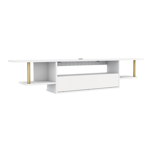 Right angled modern white and gold three-shelf floating TV stand on a white background