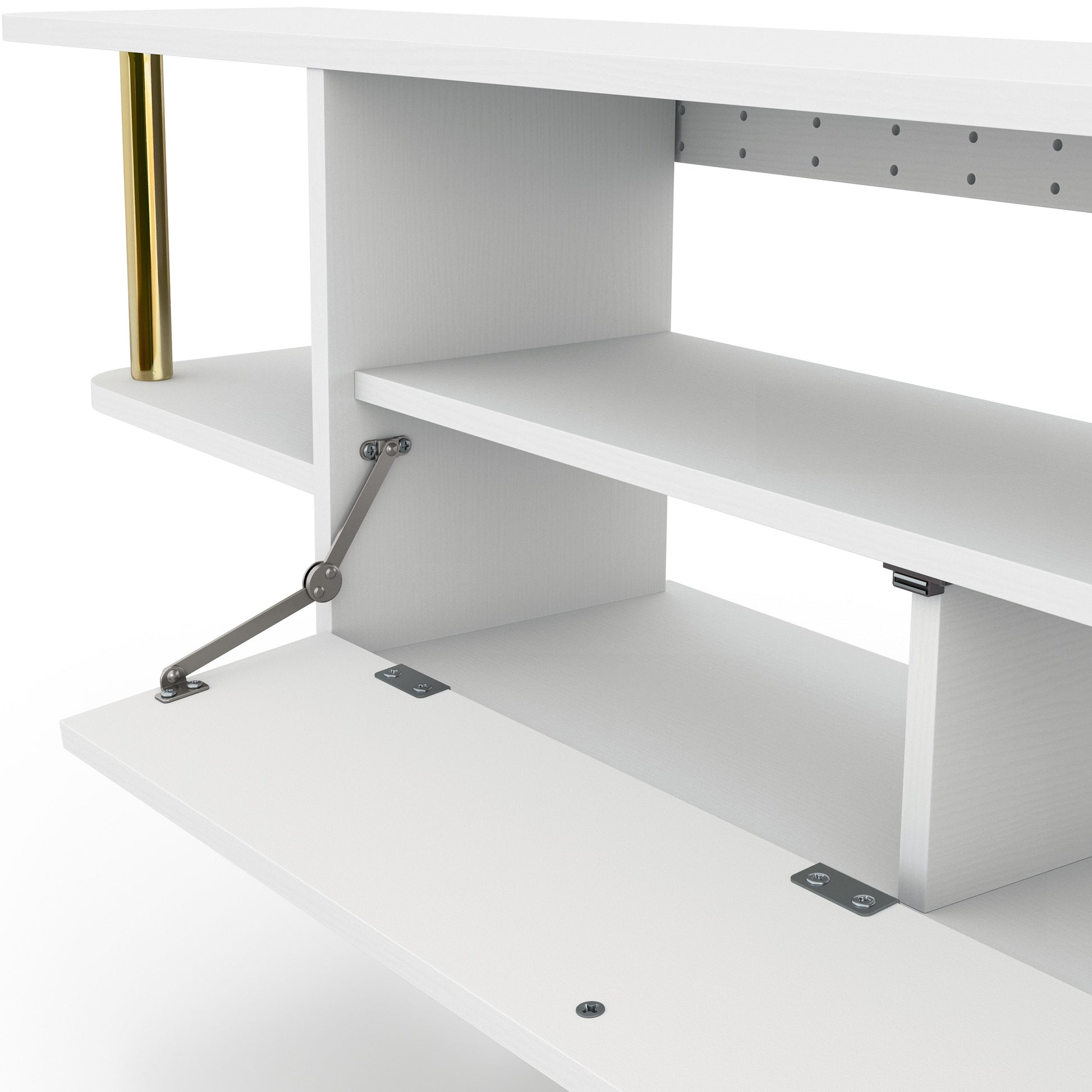 Left angled close-up drop-down door/hinge view of a modern white and gold three-shelf floating TV stand in a living room with accessories