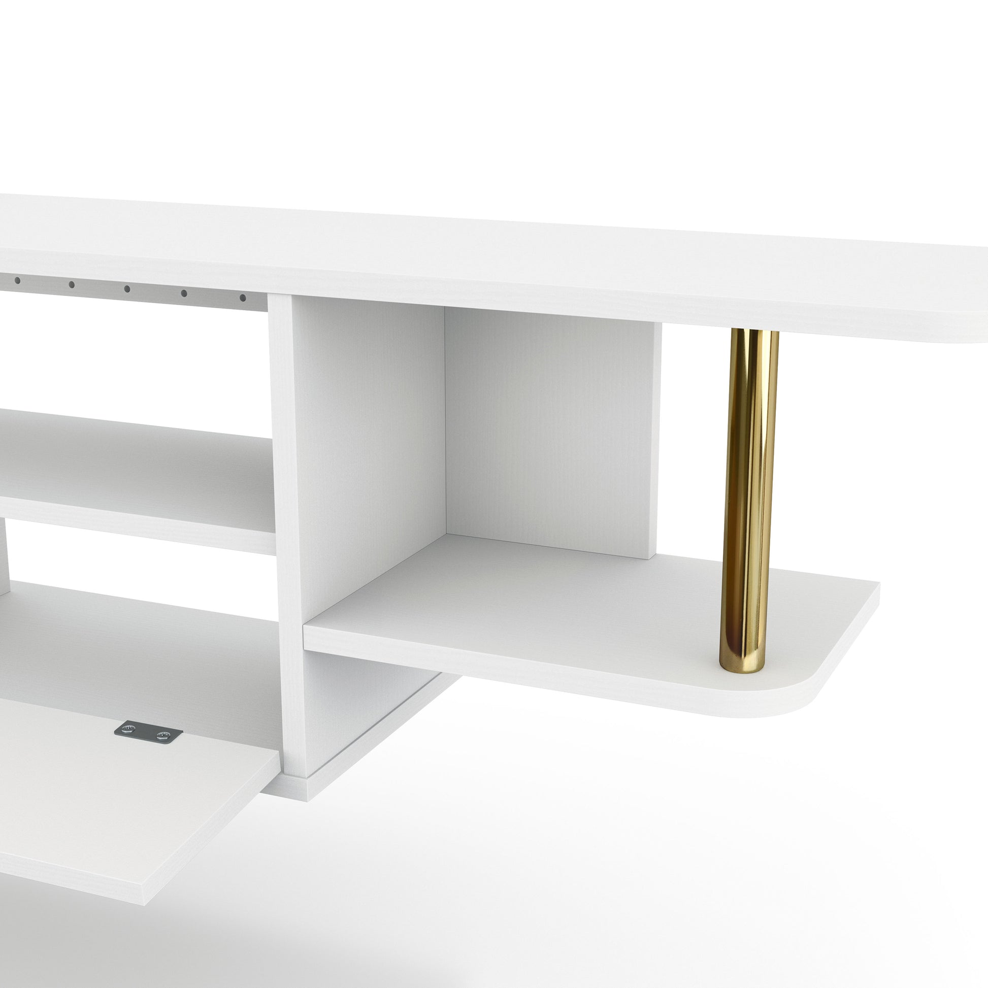 Left angled close-up shelf/metal support view of a modern white and gold three-shelf floating TV stand in a living room with accessories
