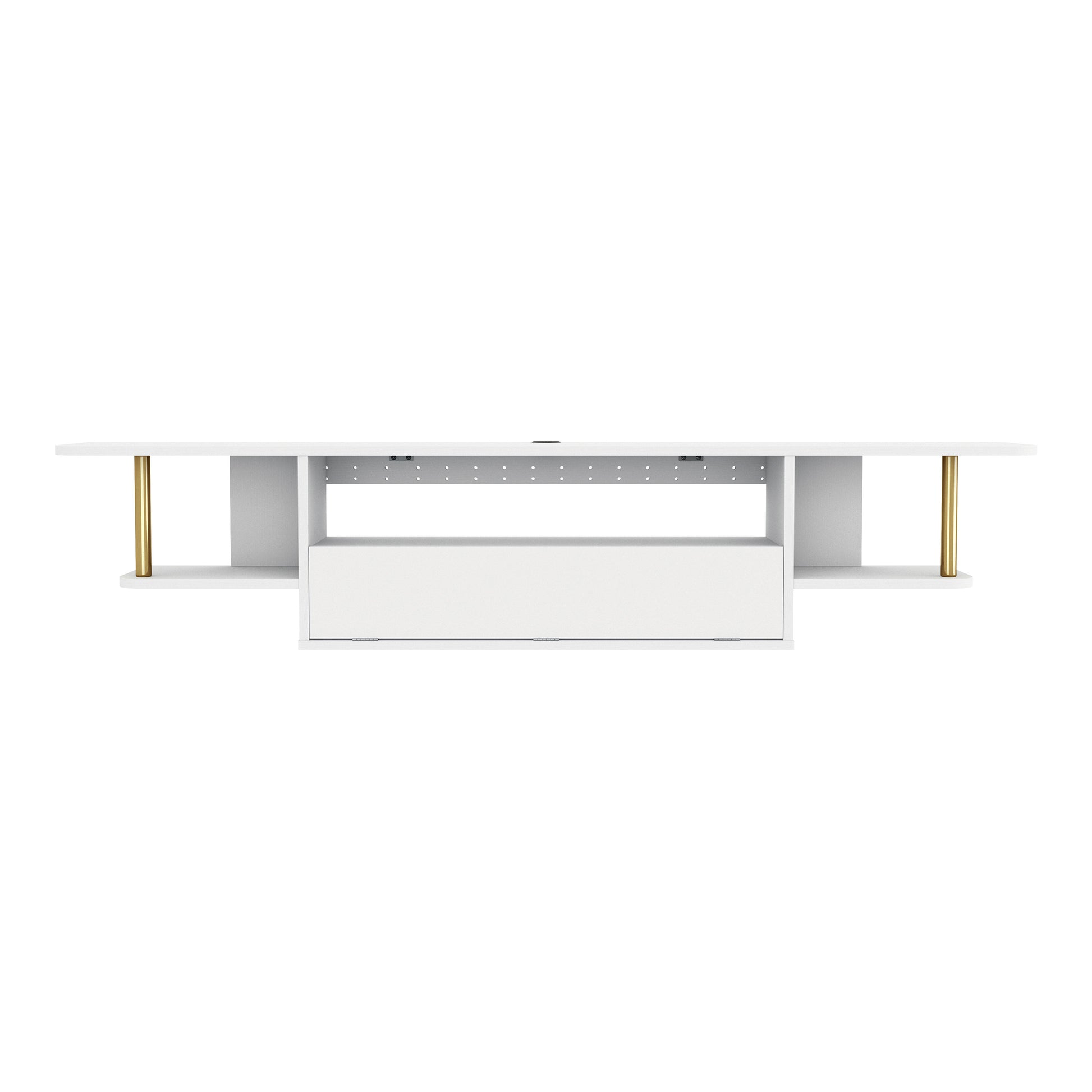 Front-facing modern white and gold three-shelf floating TV stand on a white background